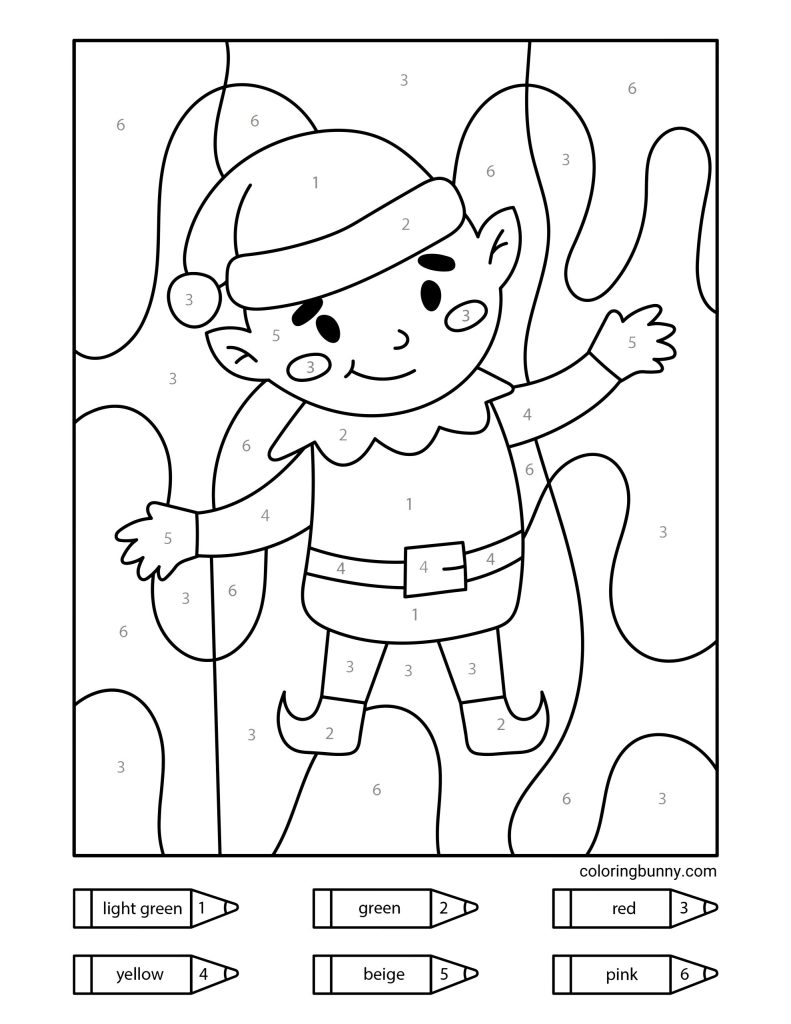 A color-by-number Christmas coloring page featuring a smiling elf in a festive hat and outfit, standing with arms open against a wavy holiday background.