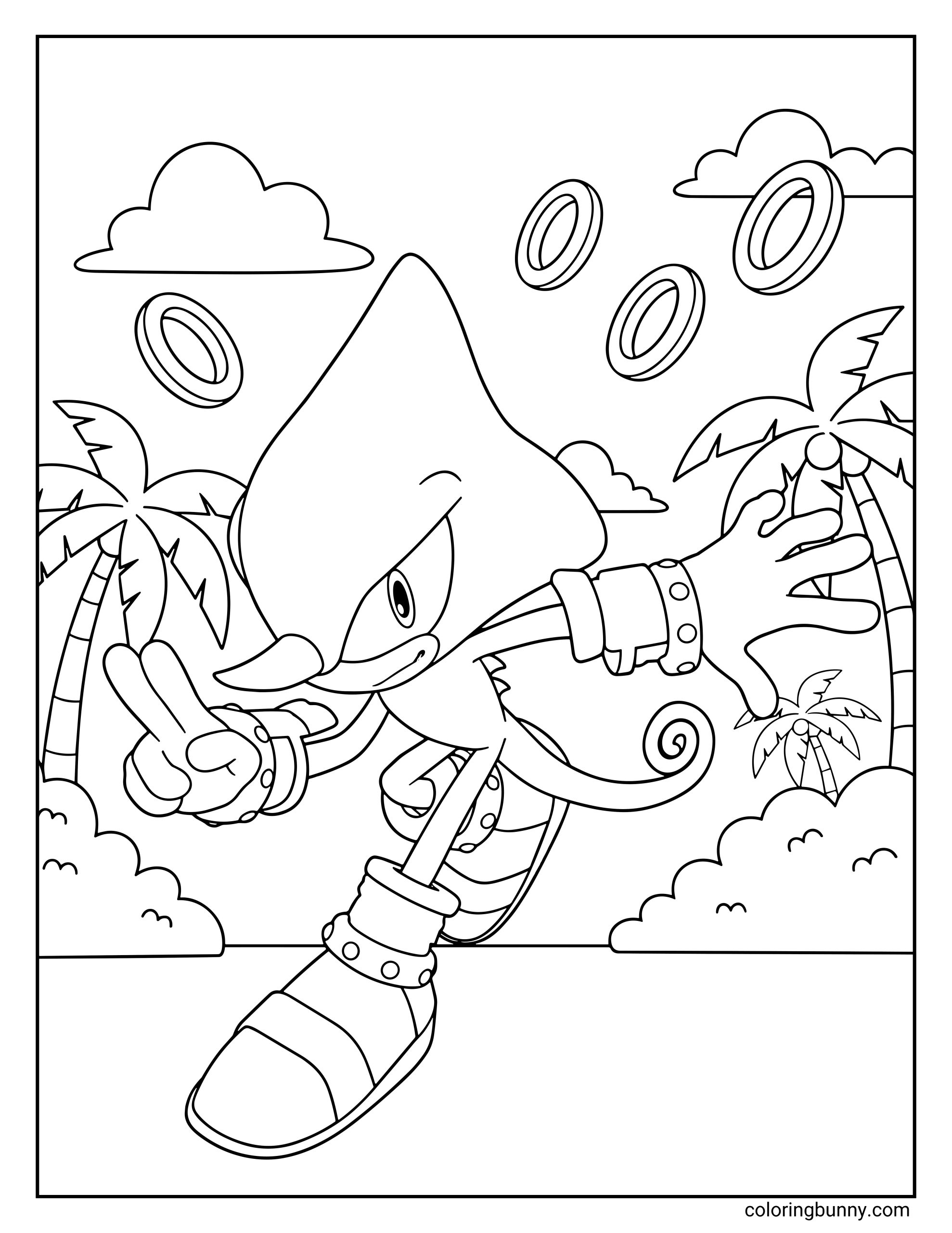 A coloring page of Espio the Chameleon from the Sonic series, striking a ninja pose with floating rings and palm trees in the background.