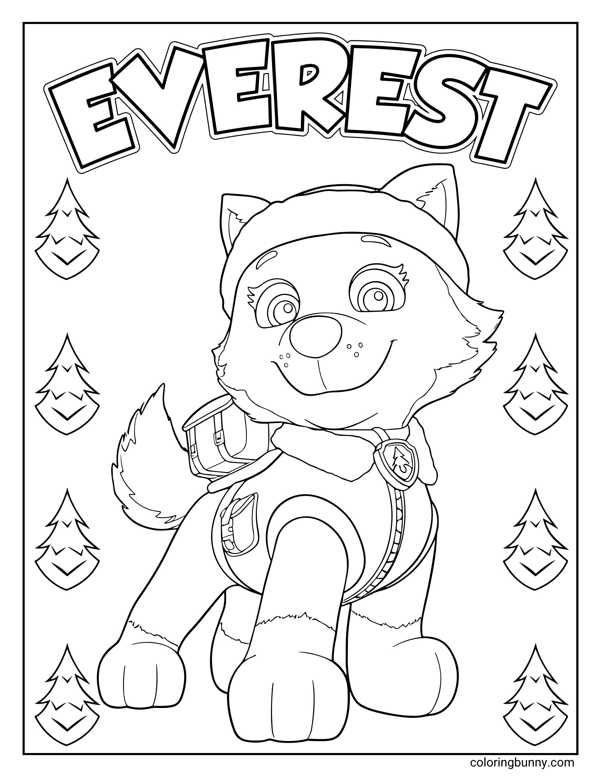 A Paw Patrol coloring page of Everest, the brave snow rescue pup. She’s smiling proudly in her winter gear, ready for her next icy adventure.