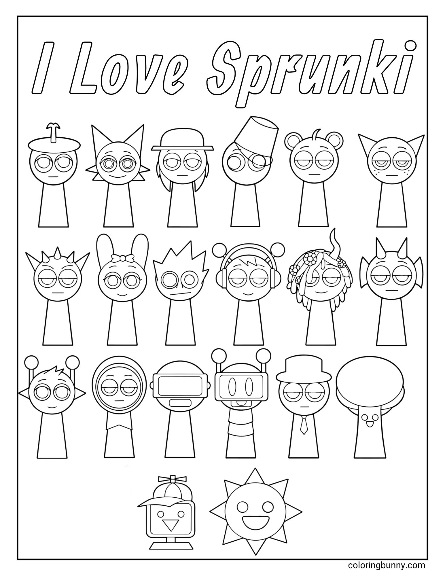 A fun Sprunki coloring page of the entire Sprunki character collection, with the text 'I Love Sprunki' at the top. The image features over twenty different cute and quirky cartoon characters, including robots, aliens, and animals, all arranged in neat rows like a photo.
