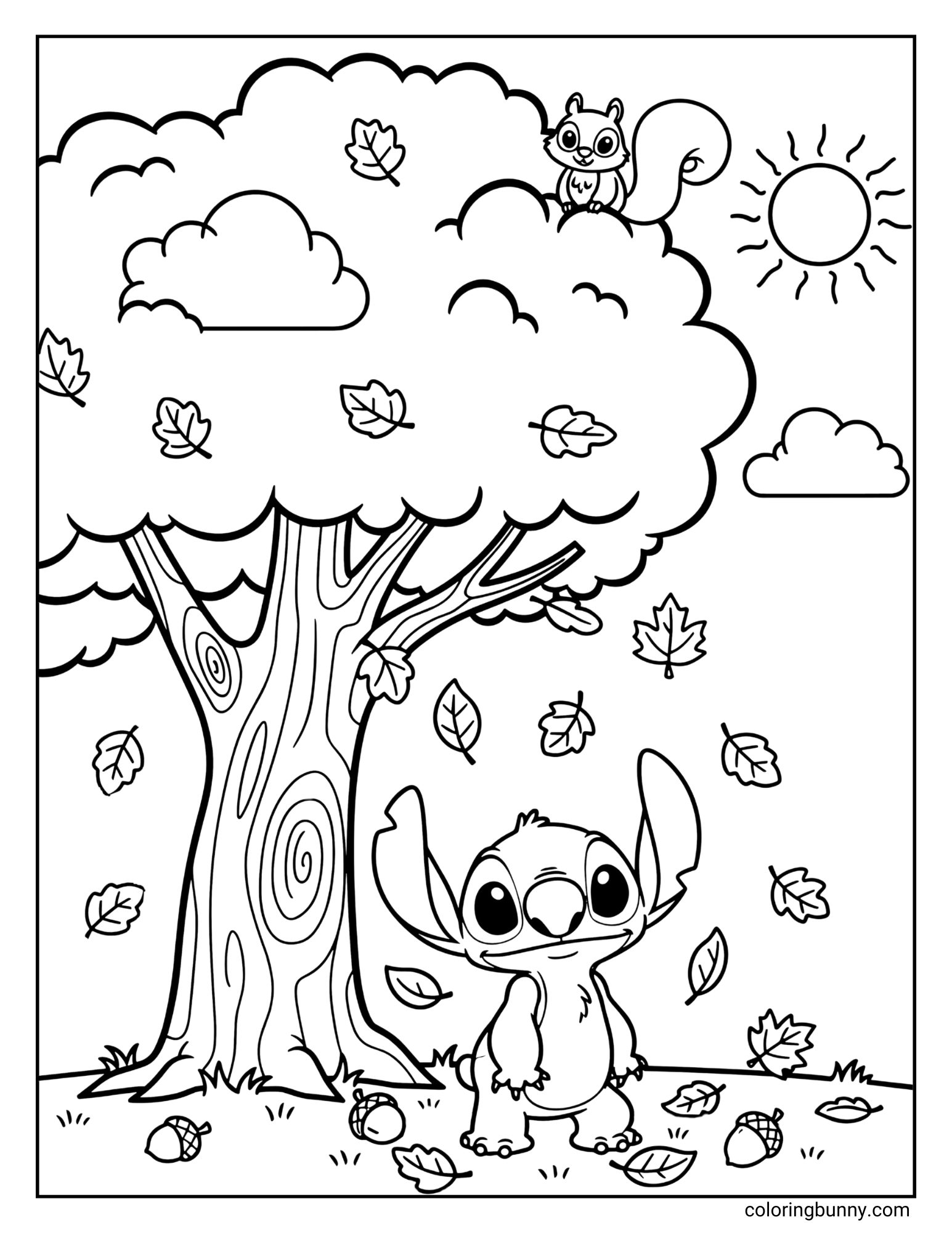 A fall coloring page of the Disney character Stitch. He is standing under a large tree, smiling as he watches leaves and acorns fall around him. A small squirrel is sitting on a branch above.