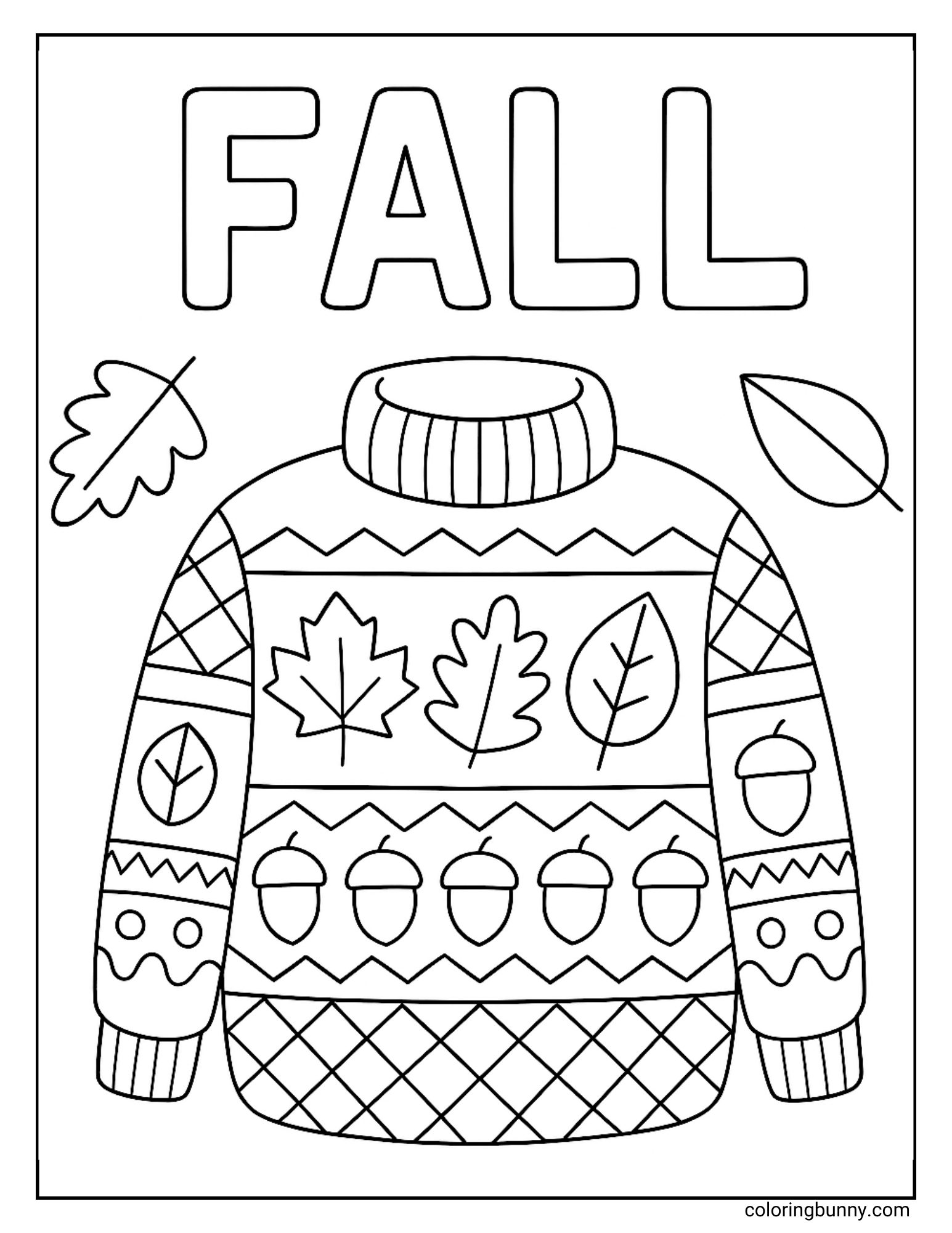 A cozy fall coloring page of a detailed jumper, with the word 'Fall' at the top. The jumper is covered in different bands of autumn-themed patterns, including various leaves, a row of acorns, and a geometric design.