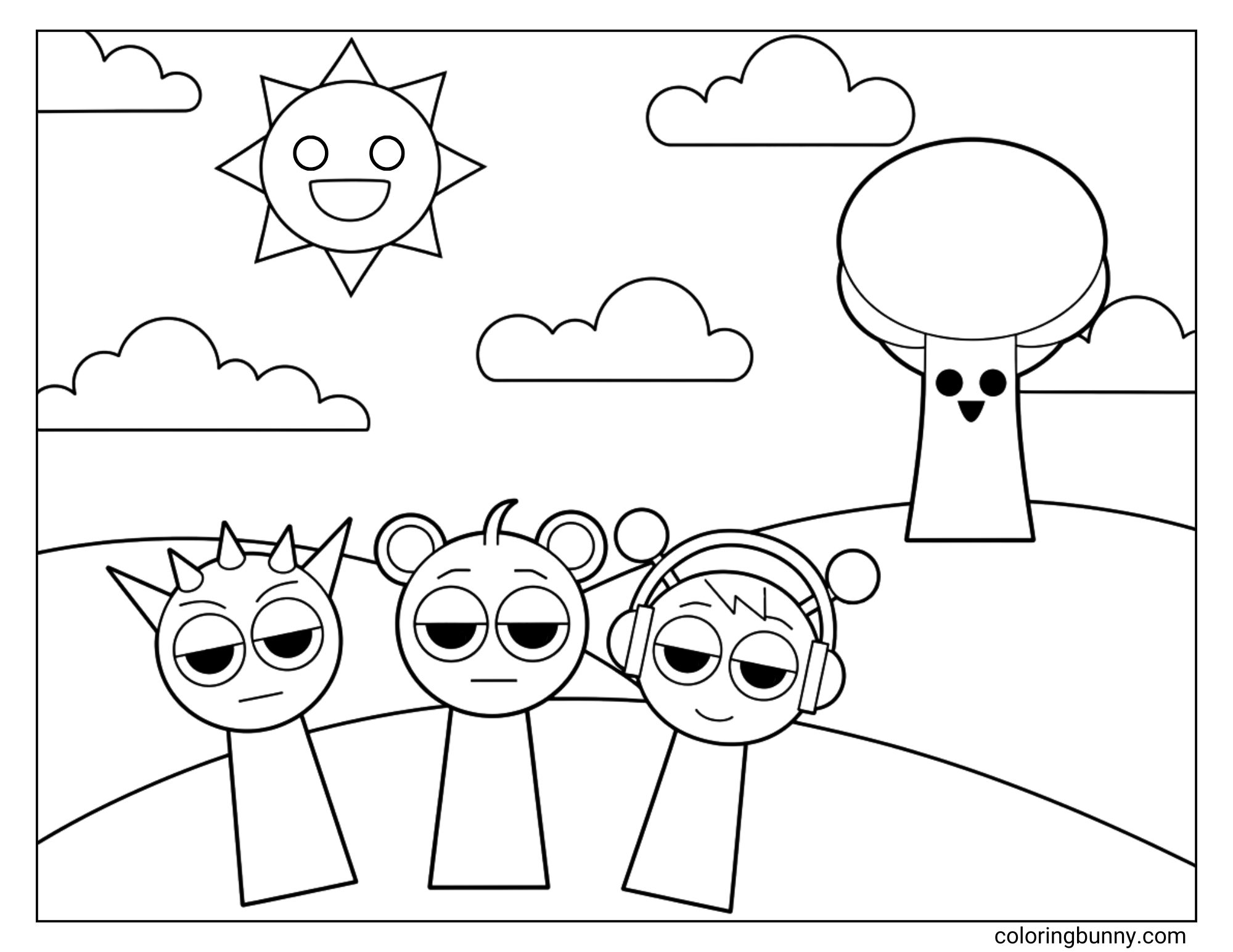 A funny coloring page of three grumpy Sprunki characters, Raddy, Sky, and Oren, standing in a field. In stark contrast to their bored and sleepy faces, the background is very cheerful, featuring a smiling sun character and a happy tree character.