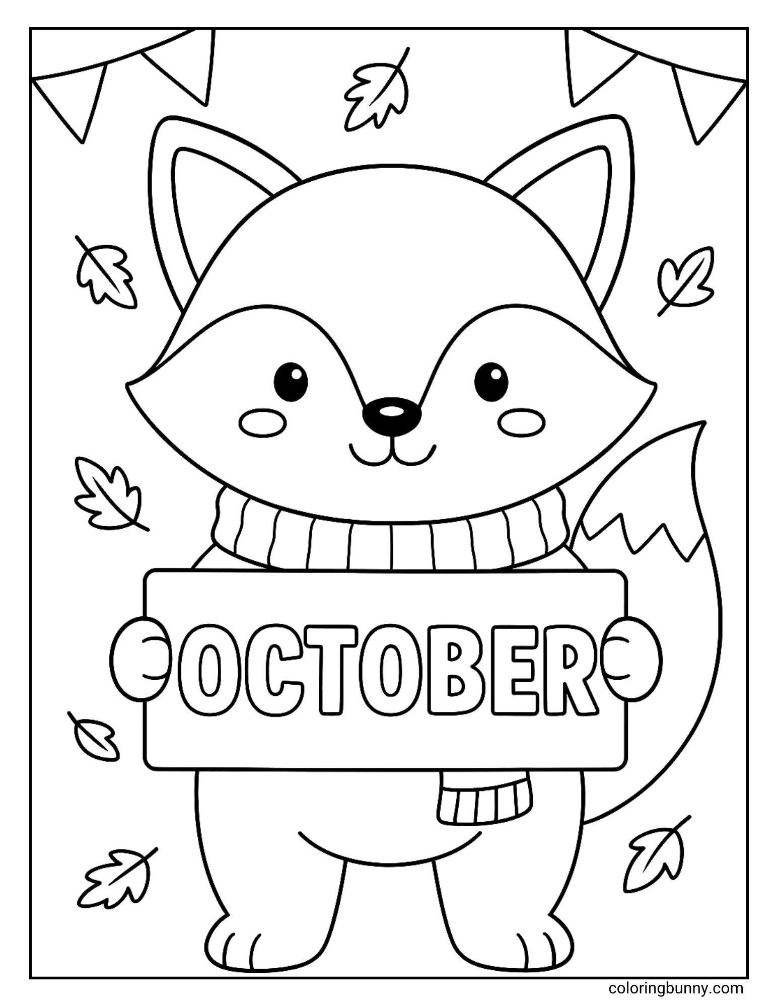 A festive coloring sheet where a cute fox in a scarf is holding up a sign that says 'October'. The background is decorated with party bunting and falling autumn leaves, creating a celebratory feel.