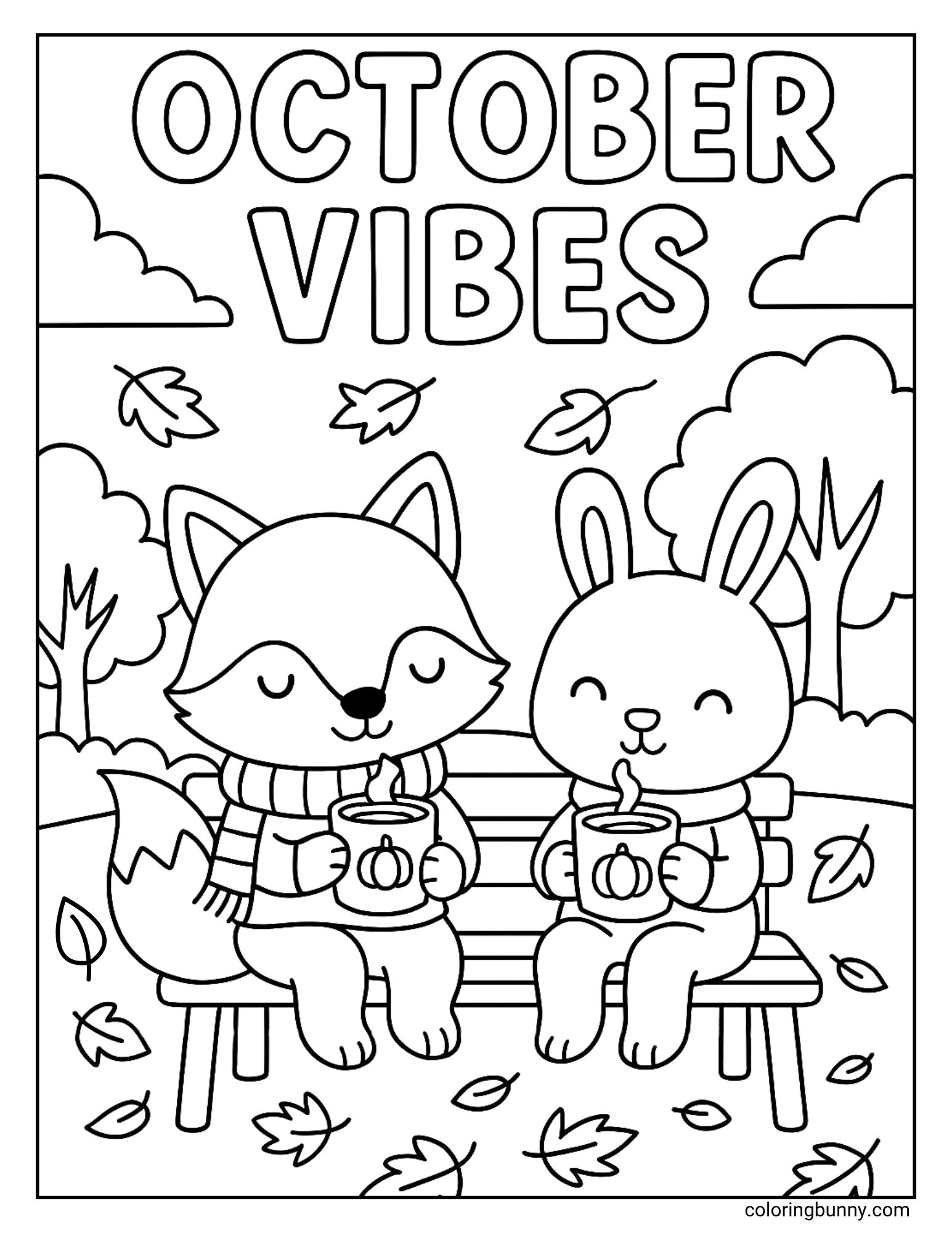 A cozy coloring page of 'October Vibes', where a fox and a rabbit are enjoying a peaceful moment. They are both wearing scarves and sitting on a park bench, sipping warm drinks from pumpkin-themed mugs as autumn leaves fall around them.