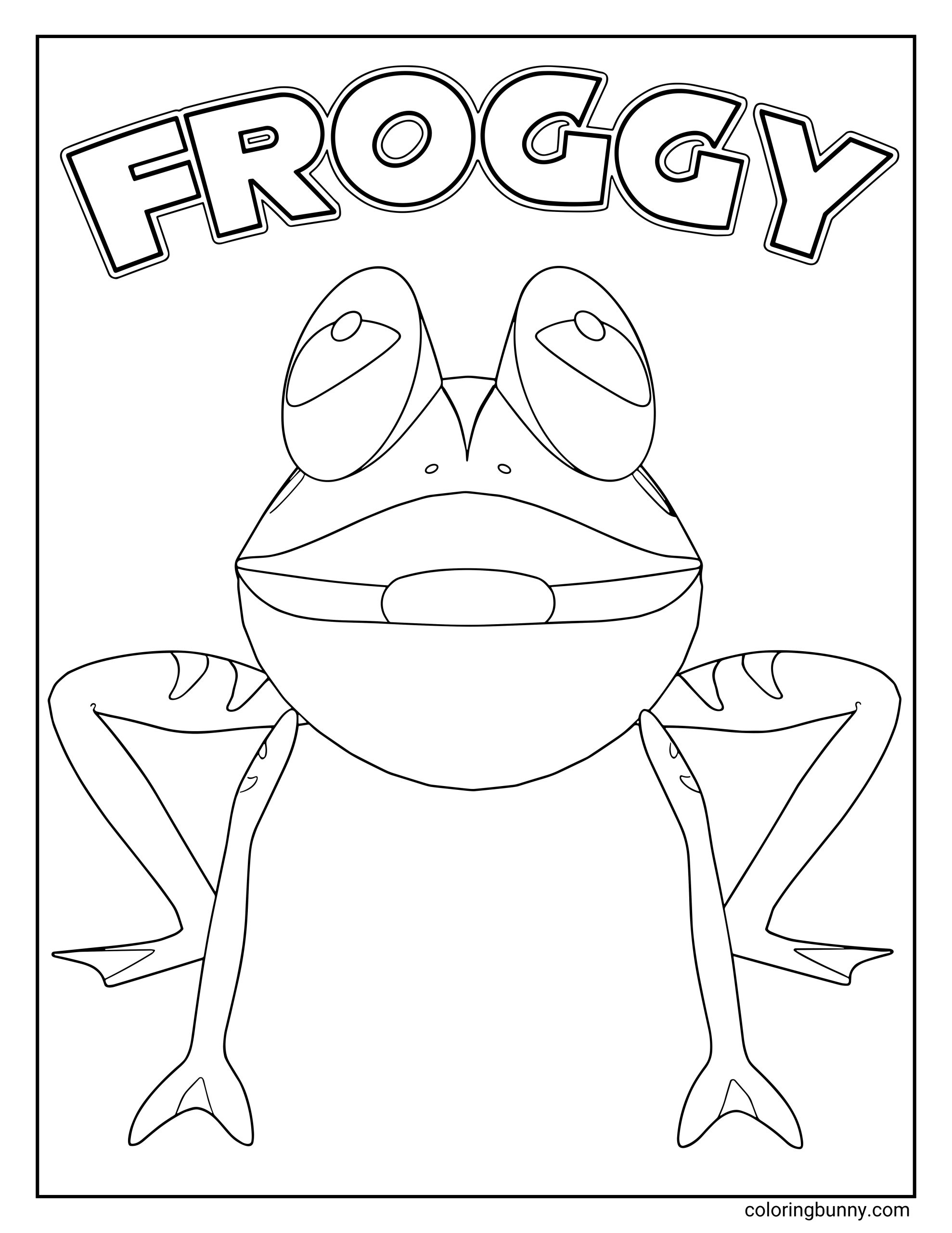 A coloring page of Froggy from the Sonic series, sitting happily with his big eyes and striped legs, ready for another fishing adventure with Big the Cat.