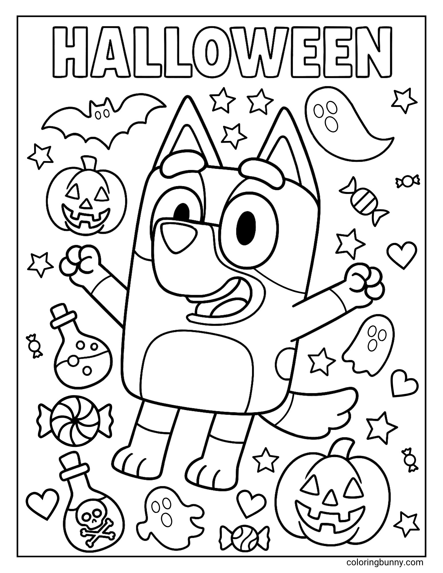 A fun and busy coloring page of the cartoon character Bluey celebrating Halloween. She is surrounded by a happy jumble of spooky doodles, including ghosts, jack-o'-lanterns, potion bottles, and candy, with the word 'Halloween' at the top.