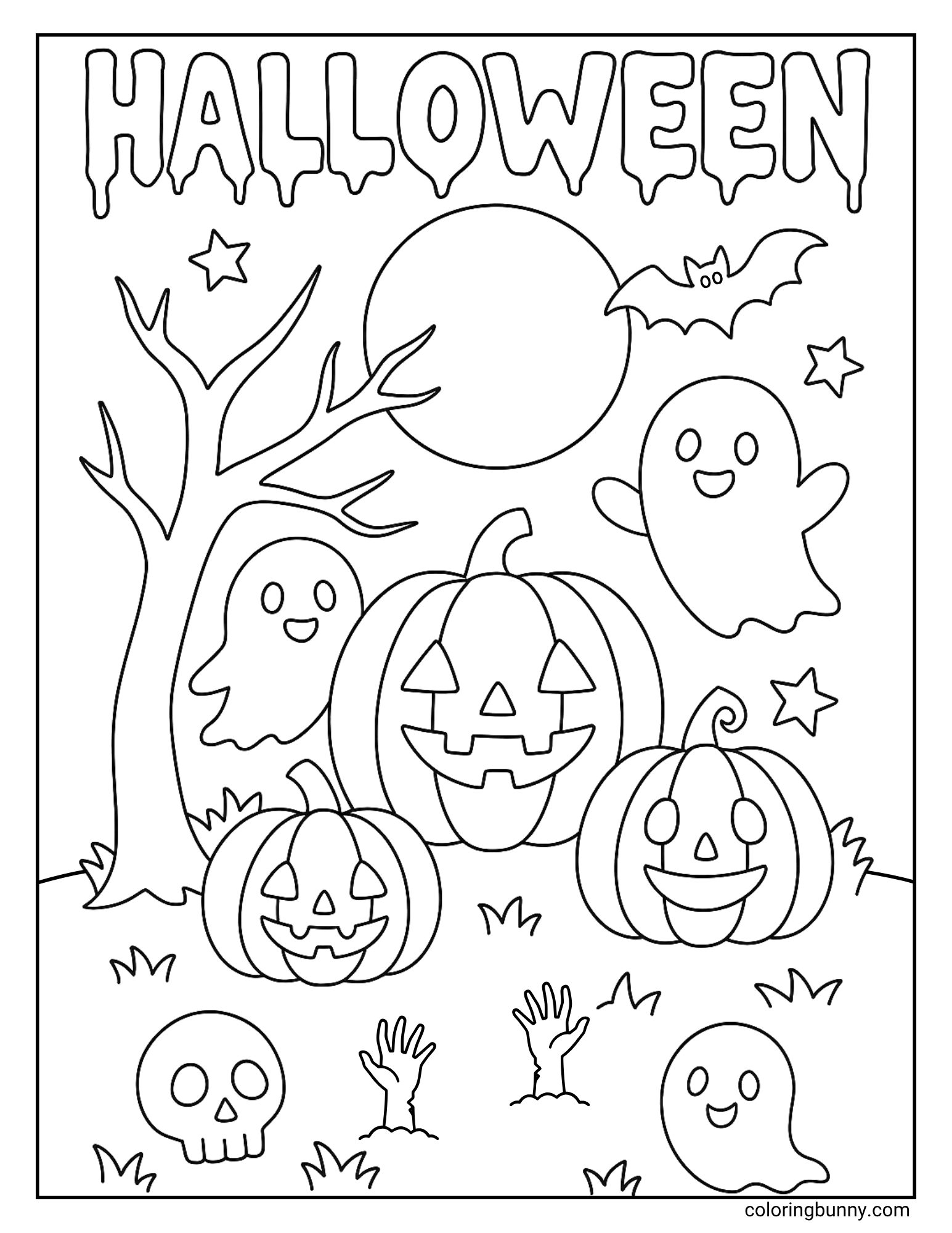 A classic Halloween coloring sheet with the word 'Halloween' in a drippy font at the top. The scene is a busy pumpkin patch at night, featuring friendly ghosts, a bat, a spooky tree, a skull, and zombie hands coming out of the ground.