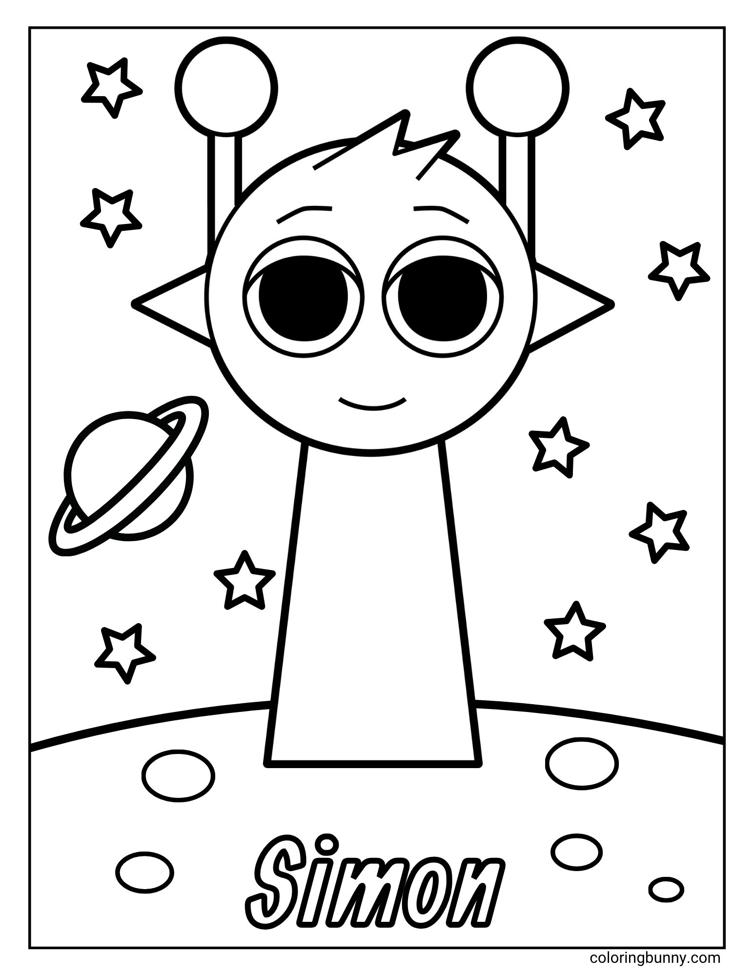 A Sprunki coloring page of the cute alien character, Simon the Sprunki. He is standing on the surface of the moon or a planet, with a ringed planet and many stars in the background. His name is written at the bottom.