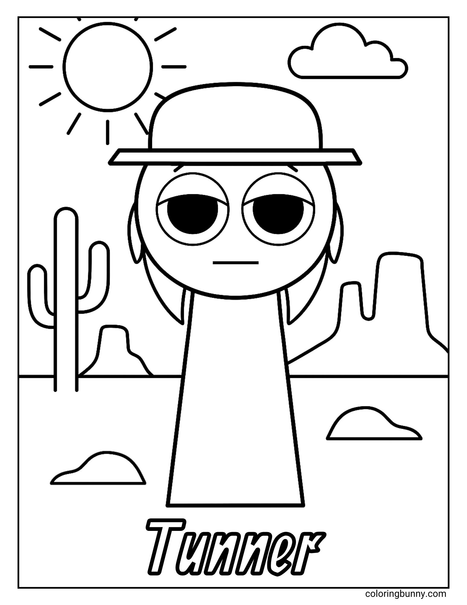 A coloring page of the Sprunki character Tunner looking sad and tired. He is wearing a bowler hat and standing in the middle of a hot desert landscape, complete with a cactus and rock formations under a bright sun. His name is written at the bottom.