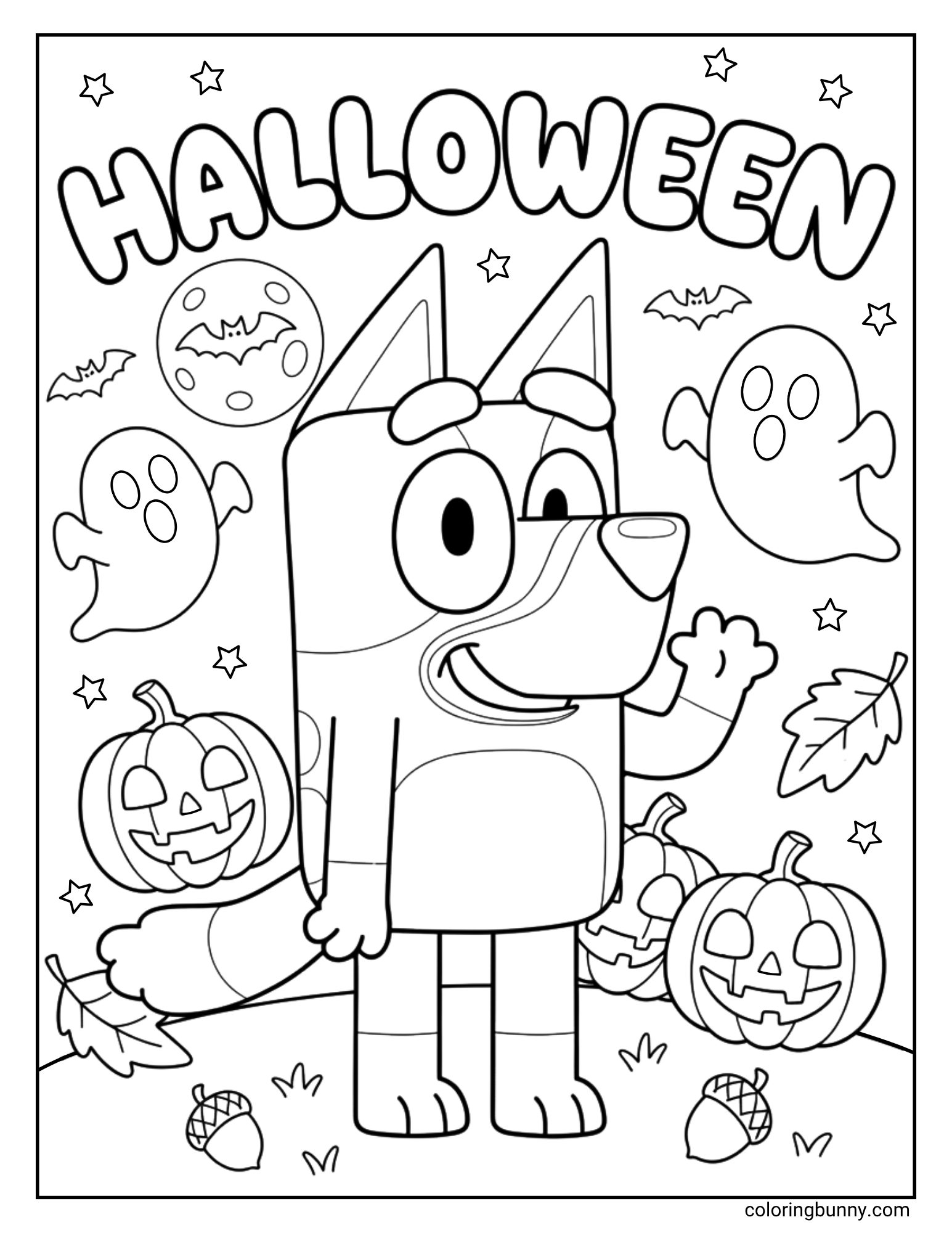 A fun Bluey Halloween coloring page featuring the cartoon dog Bluey. She is waving happily in a spooky forest at night, surrounded by friendly ghosts, jack-o'-lanterns, acorns, and bats flying in front of the moon.
