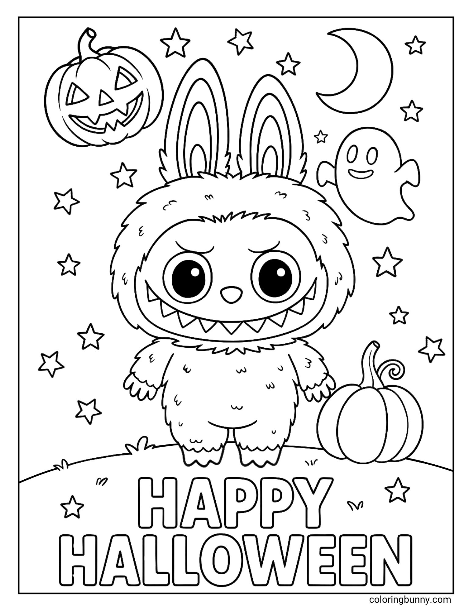 A fun Labubu Halloween coloring page of the grumpy-faced monster Labubu celebrating Halloween. He is standing in a field with two pumpkins, while a friendly ghost floats in the starry sky above him. At the bottom, the words 'Happy Halloween' are written.