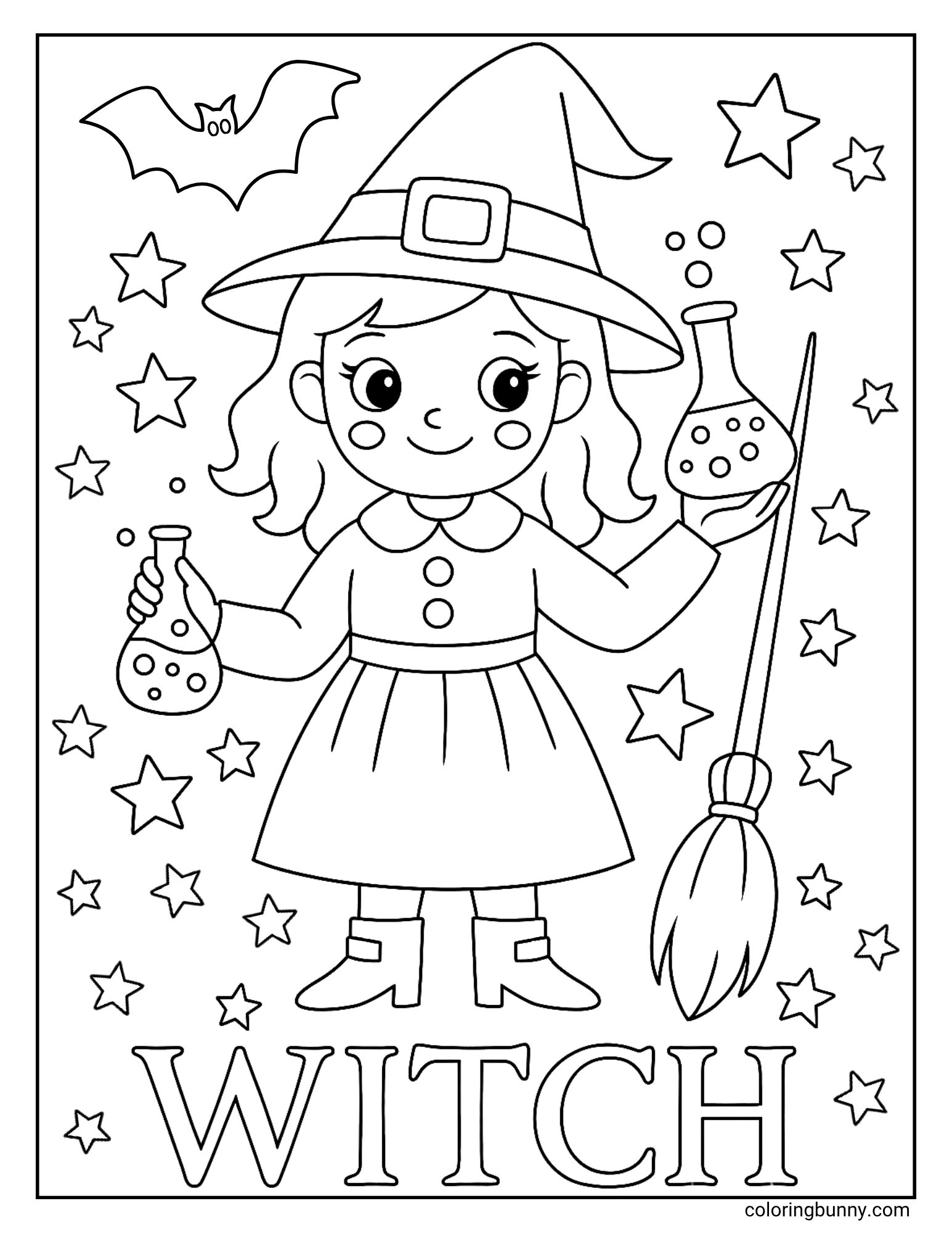 A cute witch coloring page for kids with the word 'Witch' at the bottom. The main character is a happy young witch who is proudly holding up two bubbling potion flasks she has just made. Her broomstick rests beside her in a background of sparkling stars.