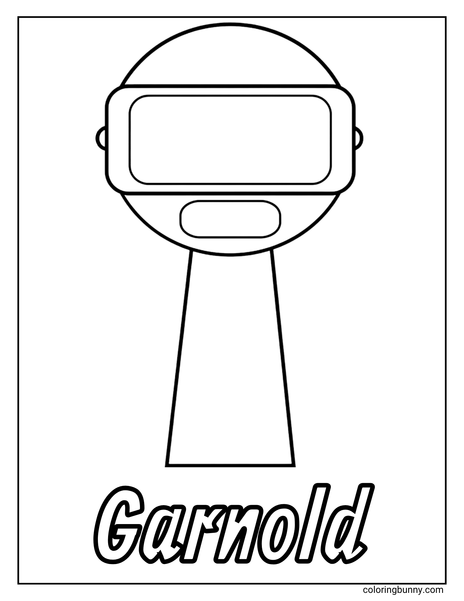 A simple coloring page of the Sprunki character named Garnold. Garnold is a futuristic cartoon figure who is wearing a large virtual reality headset or visor over his eyes. His name is written in large letters at the bottom.