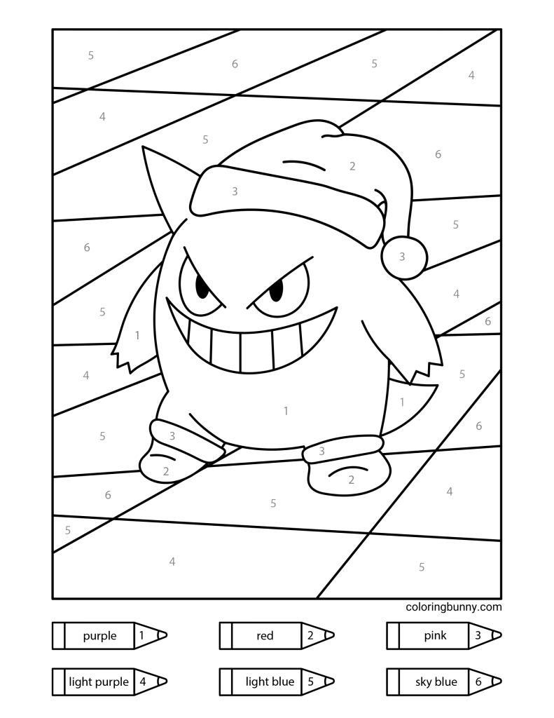 A color-by-number Christmas coloring page featuring Gengar wearing a Santa hat, grinning mischievously against a festive striped background.