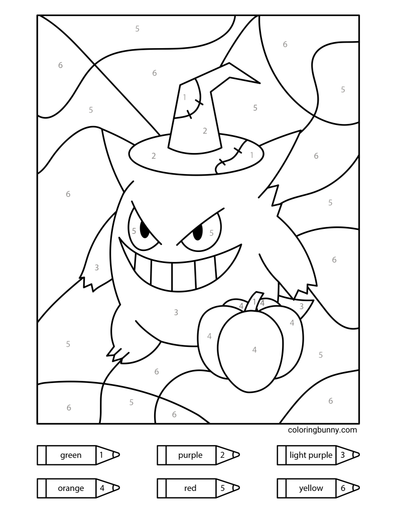 Color-by-numbers Halloween page featuring Gengar wearing a wizard hat and next to a pumpkin, surrounded by wavy background patterns.
