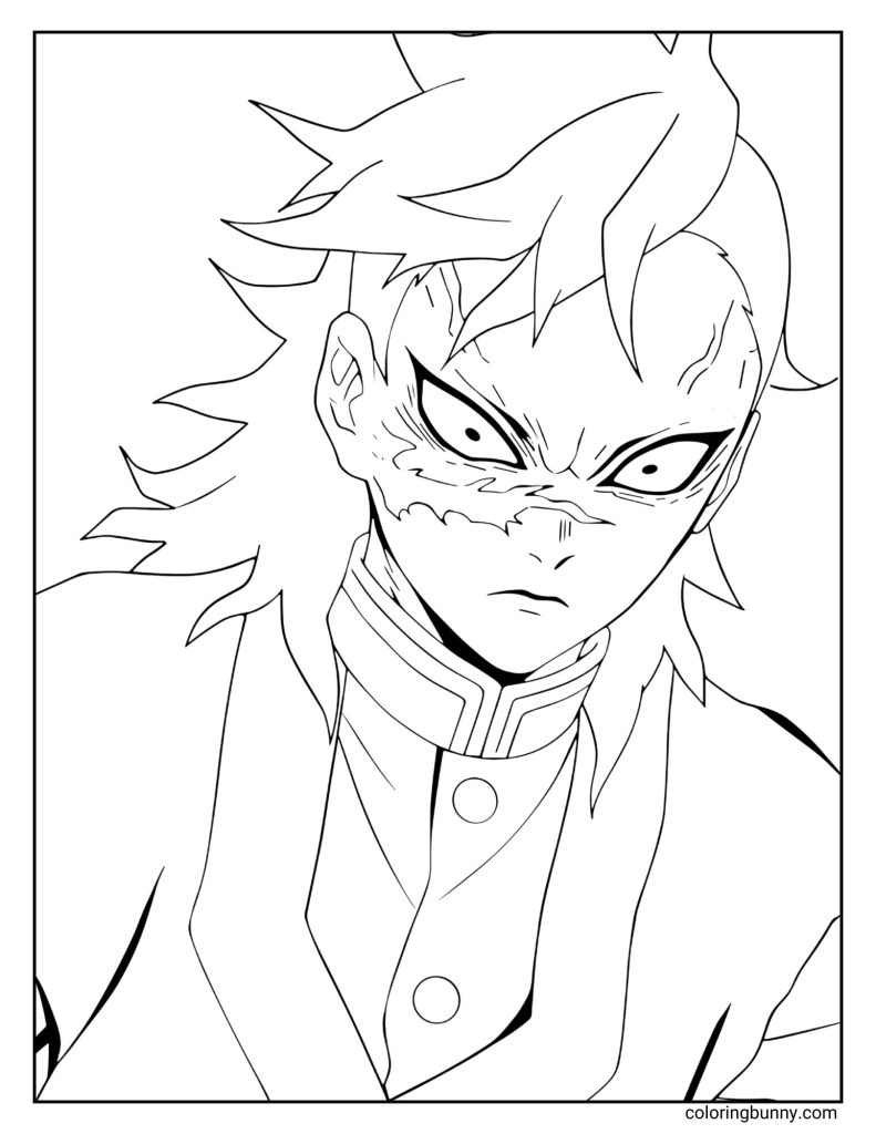 This coloring page features Genya Shinazugawa from Demon Slayer: Kimetsu no Yaiba, shown in a fierce and focused pose. His sharp eyes, scarred face, and spiky hair capture his intense personality, while his Demon Slayer uniform and determined stance make for striking, detailed line art ready for coloring.