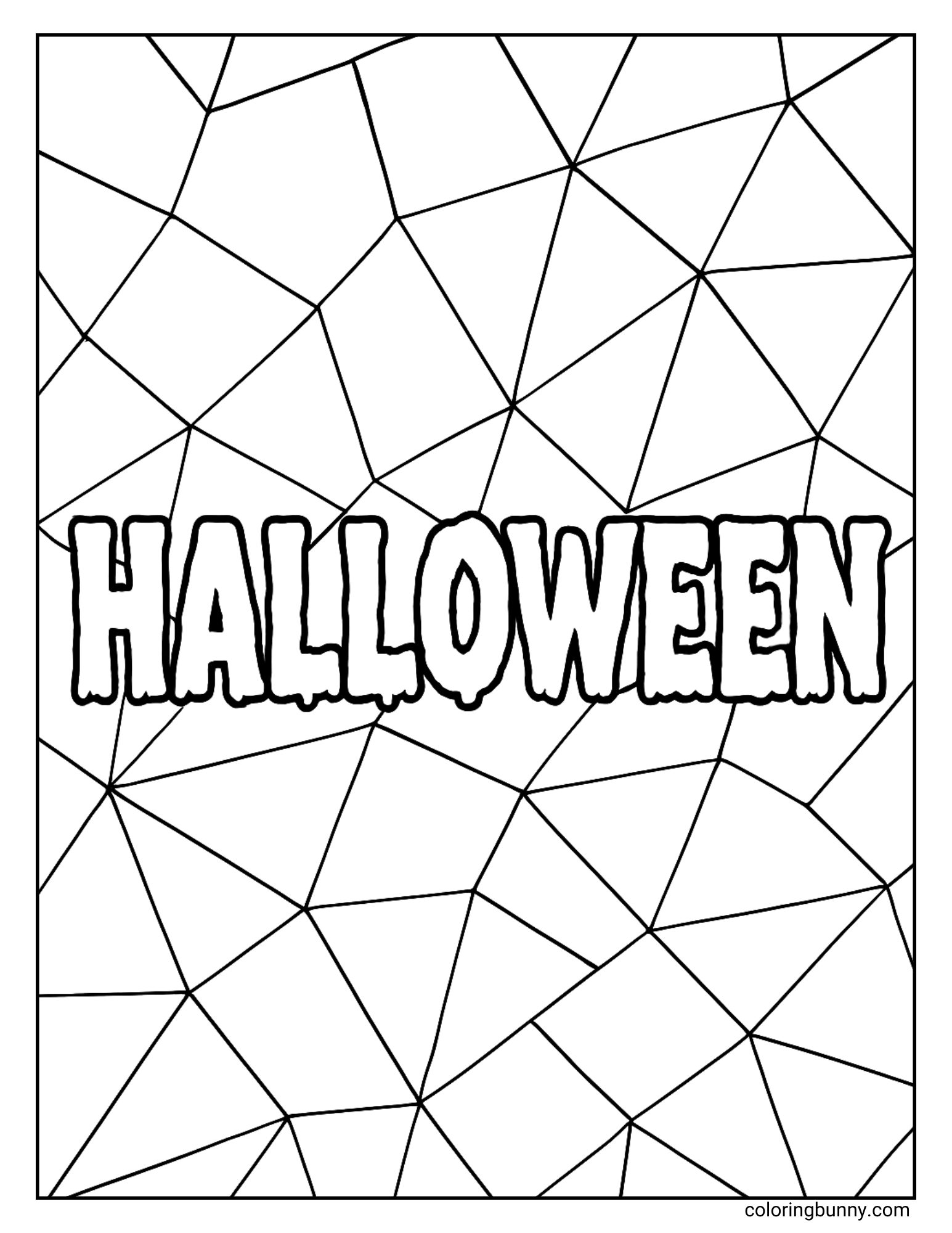 A modern Halloween coloring page of the word 'Halloween' written in a spooky, textured font. The word is set against an abstract geometric background that looks like a large, intricate spider's web, with many shapes to color.