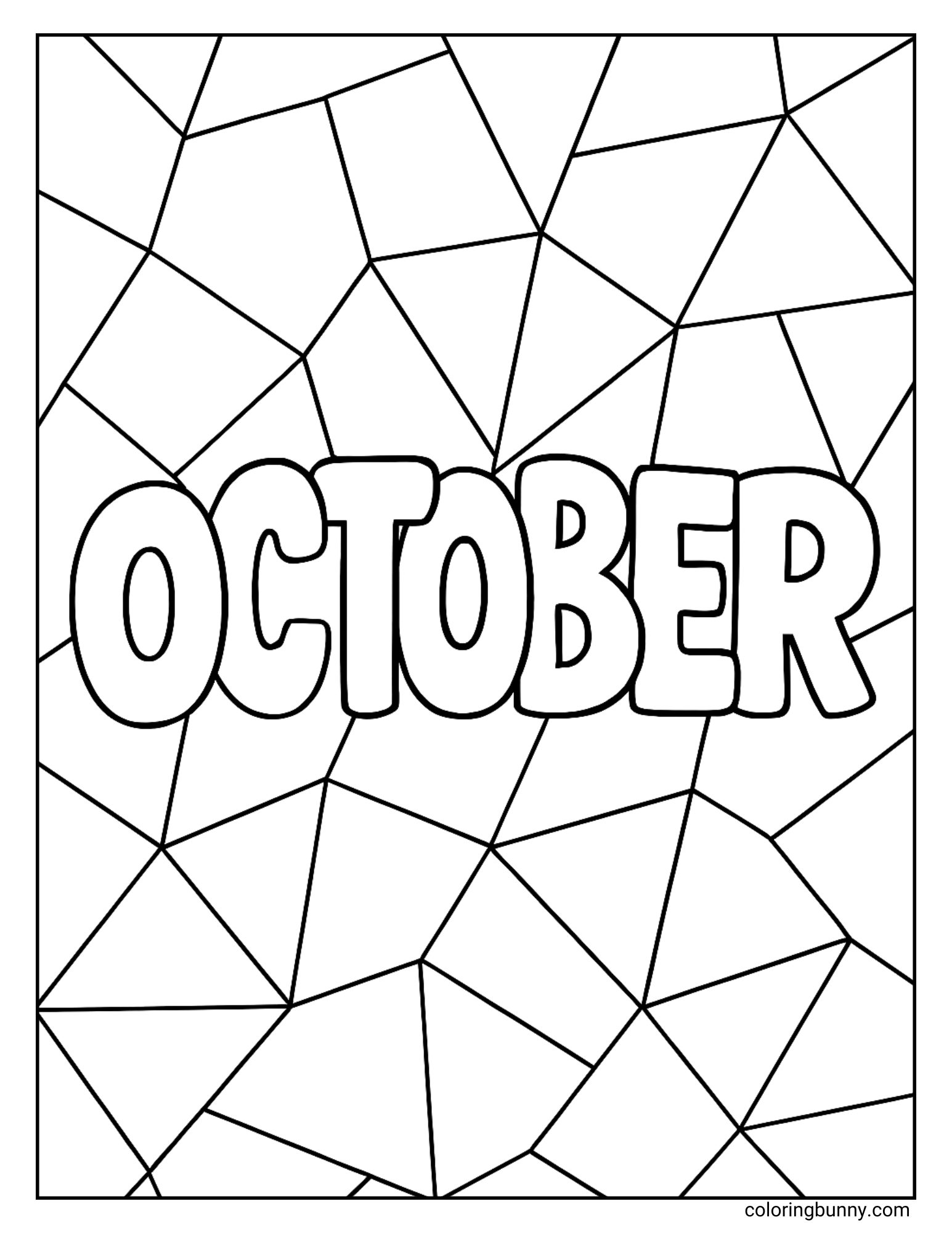 Geometric October coloring page with bold October letters and abstract shapes, fall coloring sheet.