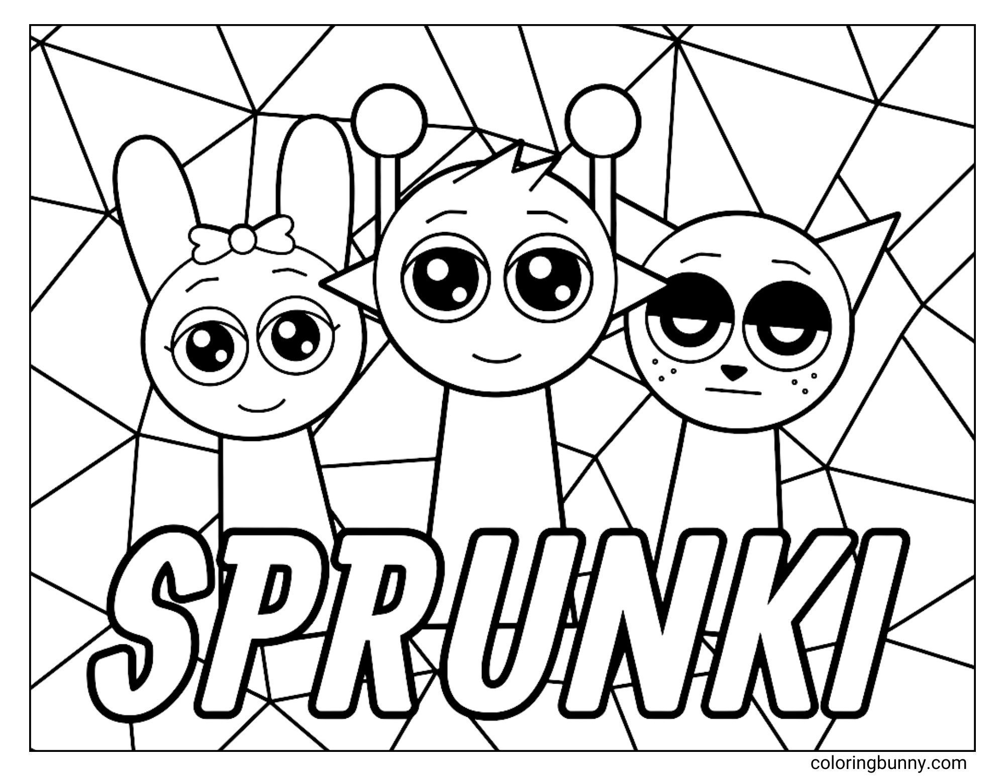 A fun coloring page of three Sprunki characters posing together: Pinki the bunny, Simon the alien, and Gray the grumpy cat. They are in front of an abstract, geometric 'shattered glass' background, with the word 'Sprunki' at the bottom.