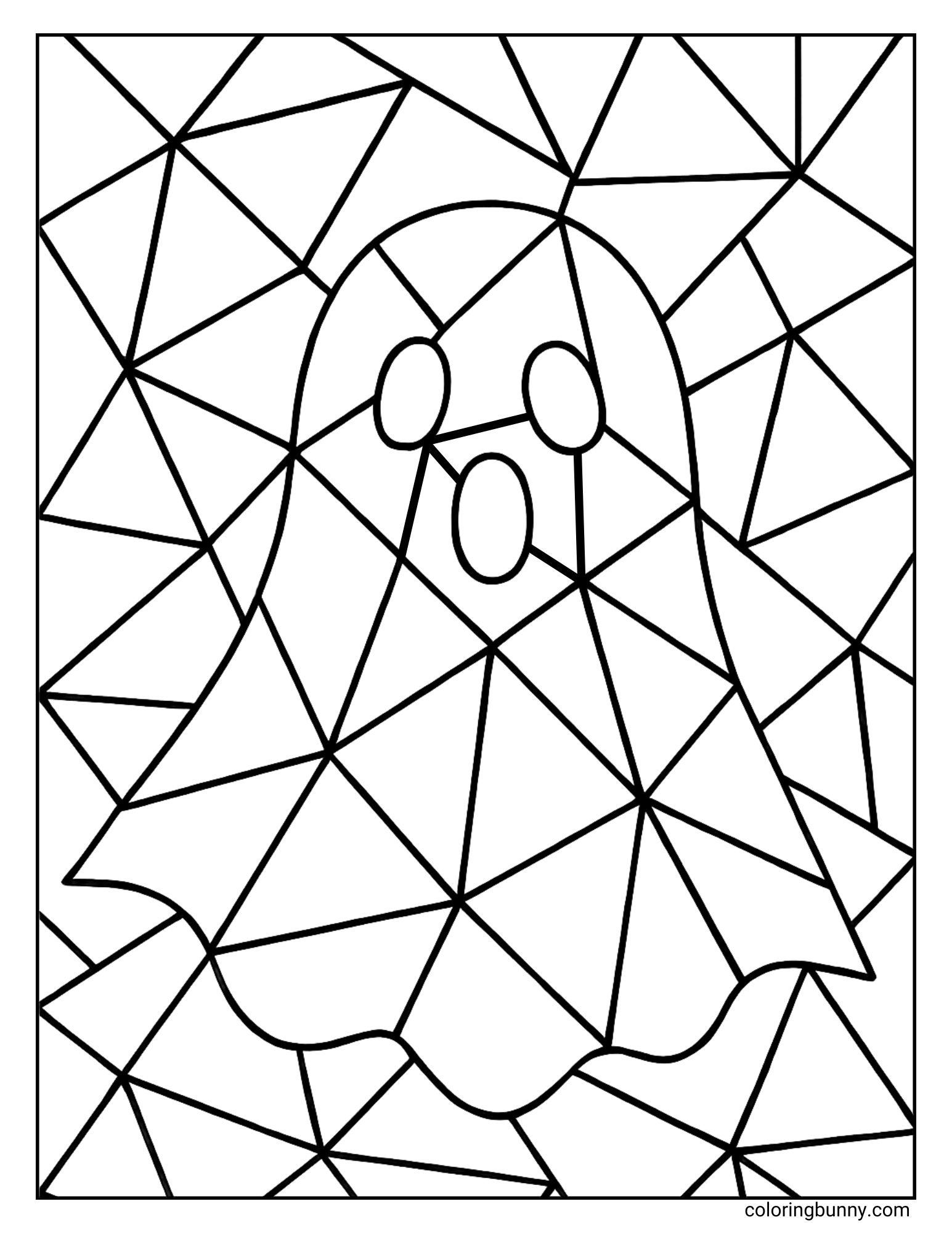 A modern and abstract Ghost coloring sheet. The entire page, including the surprised-looking ghost in the center, is filled with an intricate geometric 'shattered glass' or mosaic pattern made of triangles.