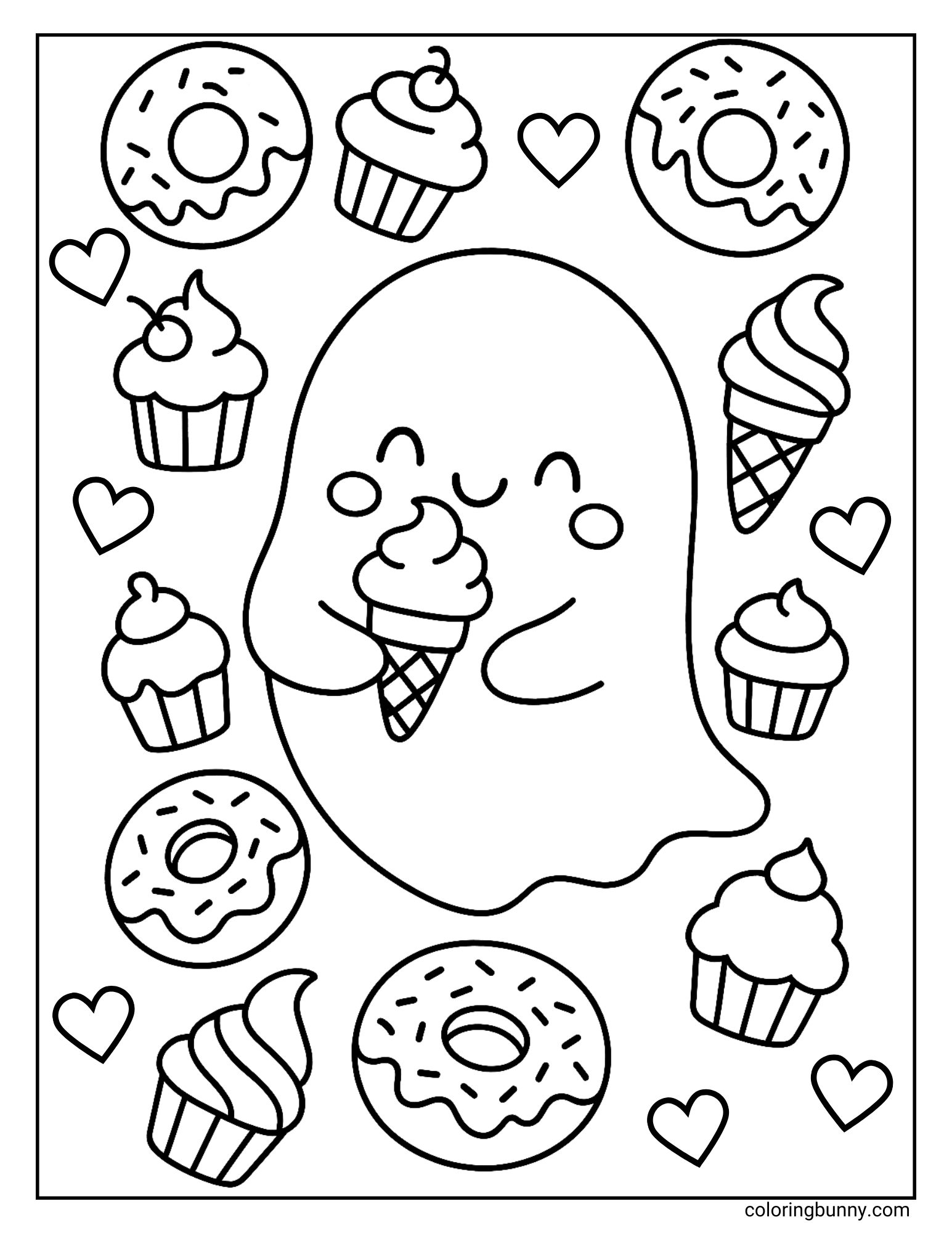 A super sweet coloring sheet where a happy ghost is eating an ice cream cone. The ghost is completely surrounded by a fun pattern of other desserts, including doughnuts and cupcakes, with hearts floating all around.