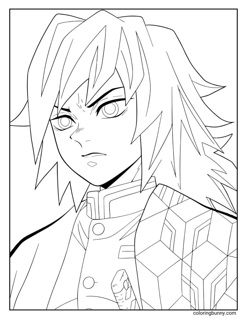 This coloring page design features Giyu Tomioka from Demon Slayer: Kimetsu no Yaiba, depicted with a calm yet determined expression. He’s shown wearing his signature half-and-half haori - one side patterned in geometric blocks, the other plain - over his Demon Slayer uniform.