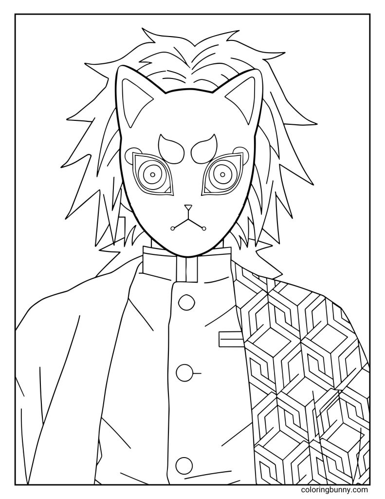 Giyu Tomioka from Demon Slayer wearing his Urokodaki-style fox warding mask, featuring cat-like details and his signature half-patterned haori, shown in a detailed coloring page ready to color.