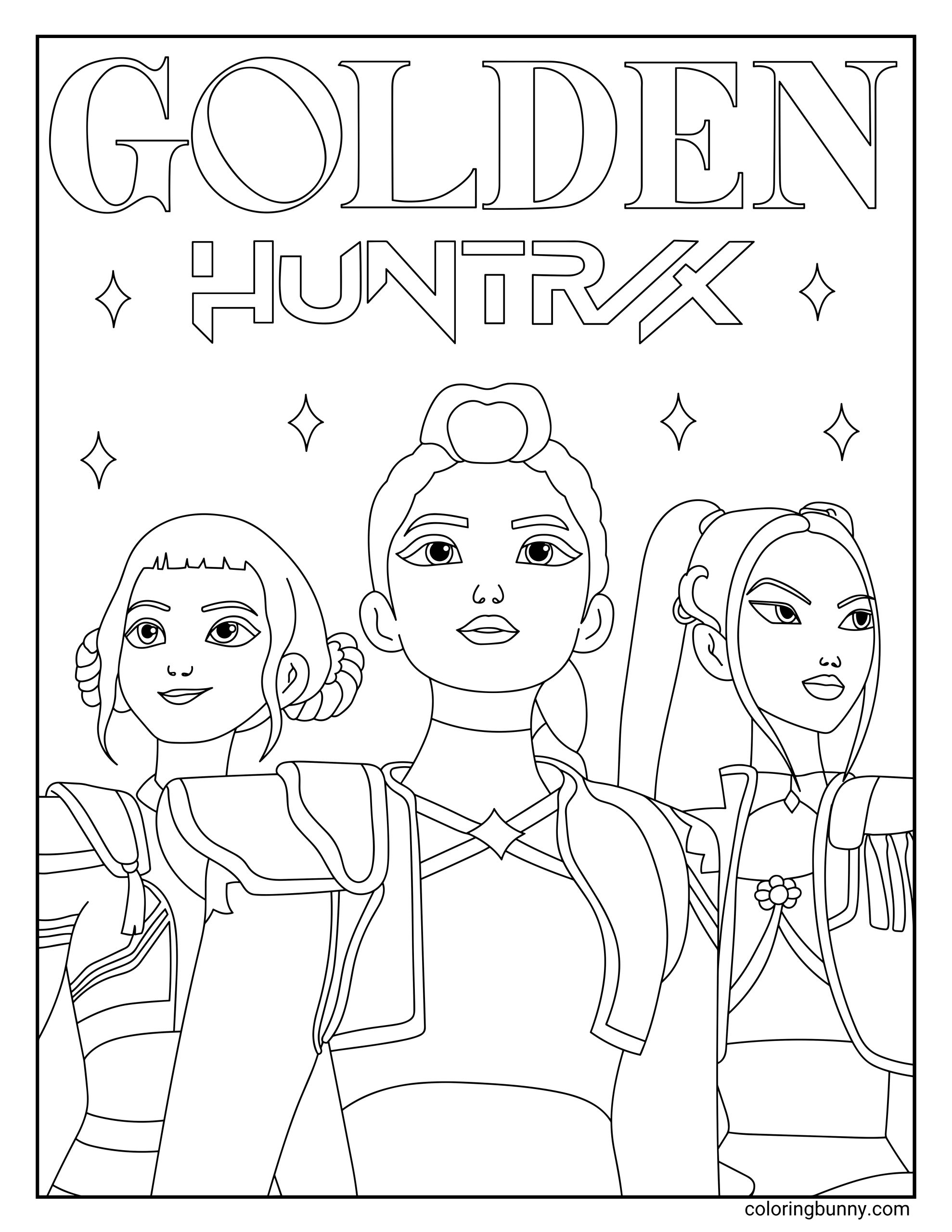 A Golden KPop Demon Hunters coloring page featuring Zoey, Rumi and Mira from HuntrX performing their Golden song. The design shows the three girls on stage. The bold title "GOLDEN HUNTRX" sits at the top, accompanied by stylized stars around the group members.