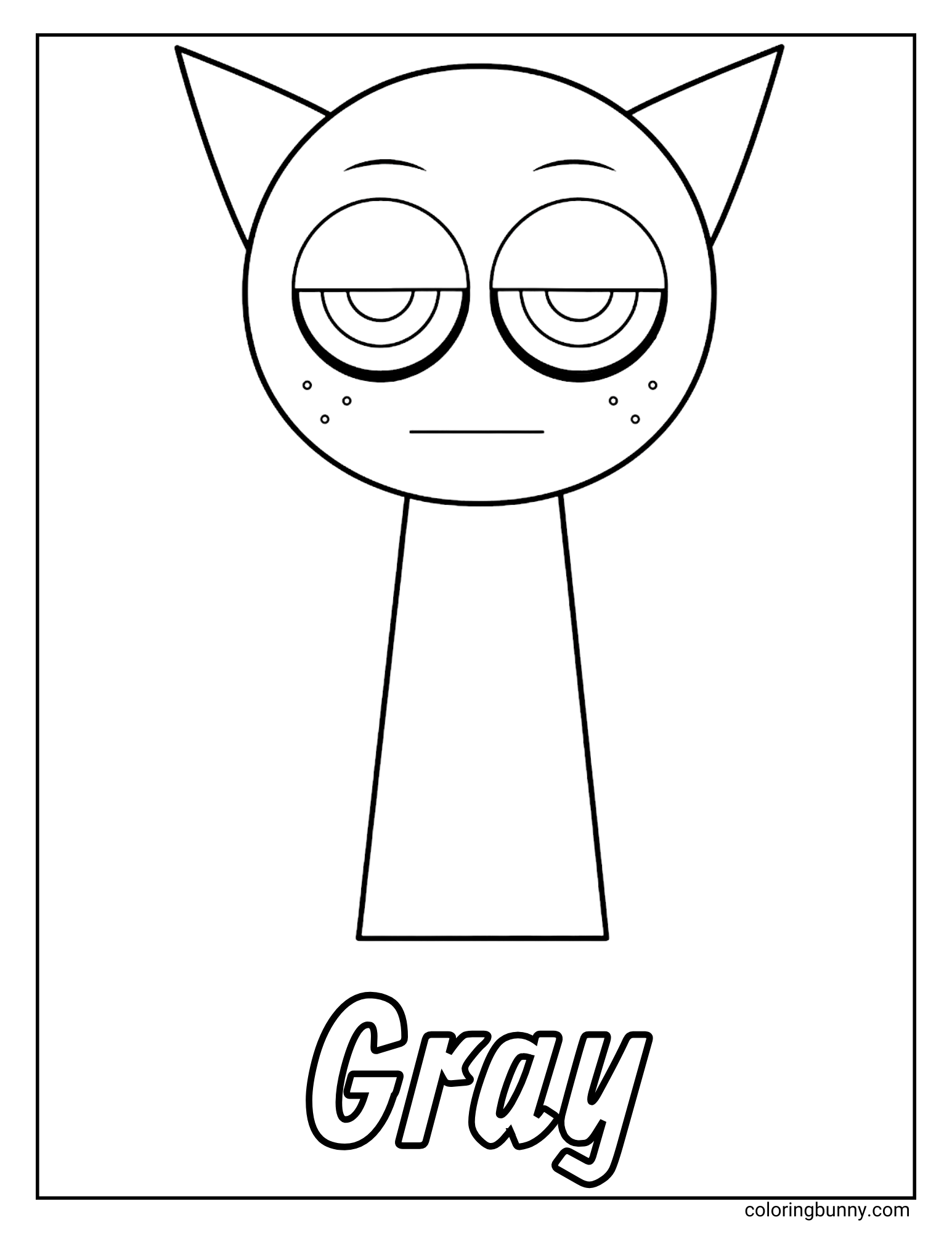 A simple coloring page of the Sprunki character named Gray. Gray is a cartoon figure with cat-like ears and freckles, who has a very sleepy and grumpy look on his face. His name is written in large letters at the bottom.