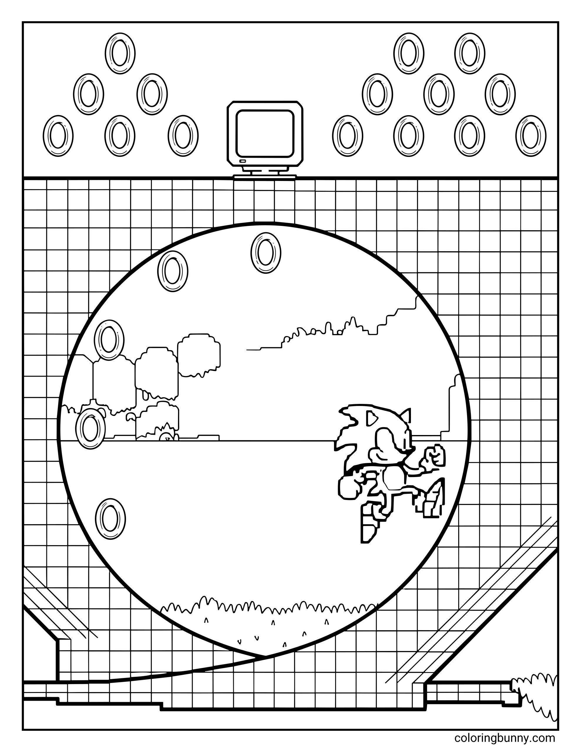 A coloring page of Sonic the Hedgehog running through Green Hill Zone with collectible rings floating around and a monitor power-up above the loop.