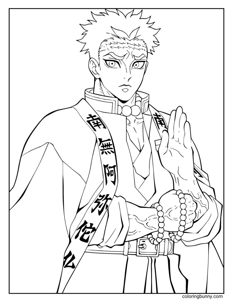 Line art of Gyomei Himejima from Demon Slayer, standing tall in his signature prayer stance. He wears his monk-style uniform with kanji-inscribed shawl and prayer beads wrapped around his muscular arms, his calm expression showing both strength and serenity.