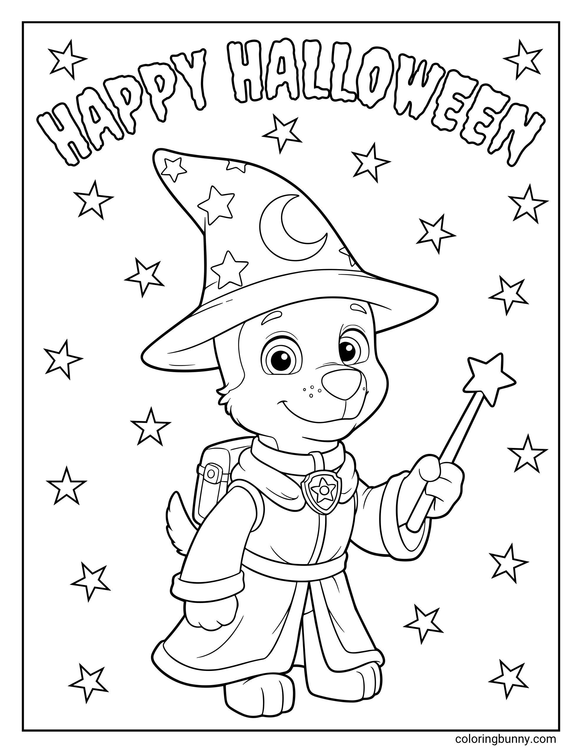 A Paw Patrol Halloween coloring page featuring Chase dressed as a wizard, wearing a starry hat and robe, holding a magic wand, with “Happy Halloween” written above and stars surrounding him.