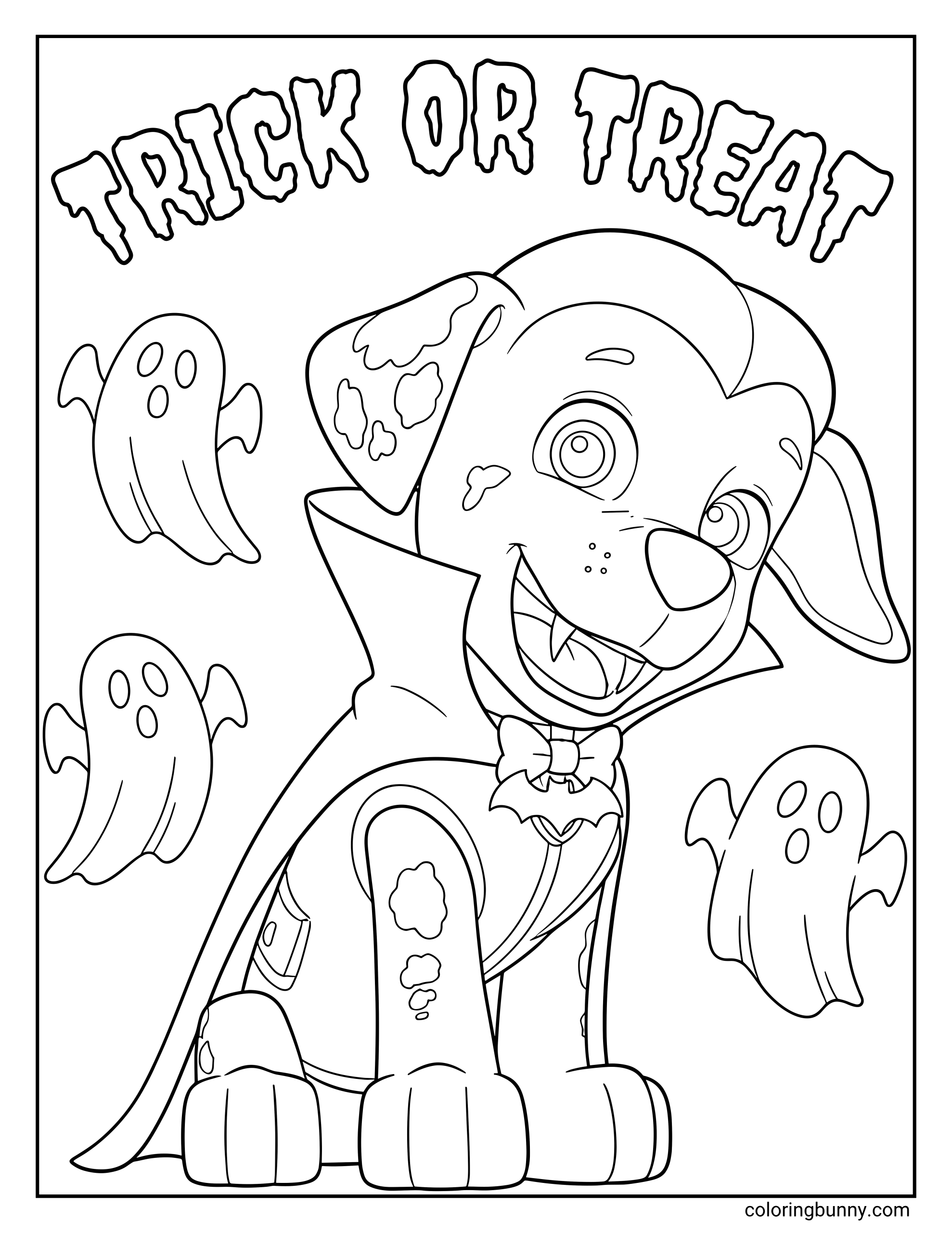 A Paw Patrol Halloween coloring page featuring Marshall dressed as a vampire with a cape and fangs, surrounded by cute floating ghosts and the words “Trick or Treat” above him.