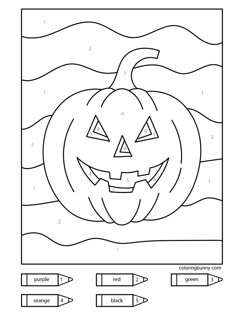Color-by-numbers page featuring a classic jack-o’-lantern pumpkin with a big smiling face, set against a wavy patterned background.