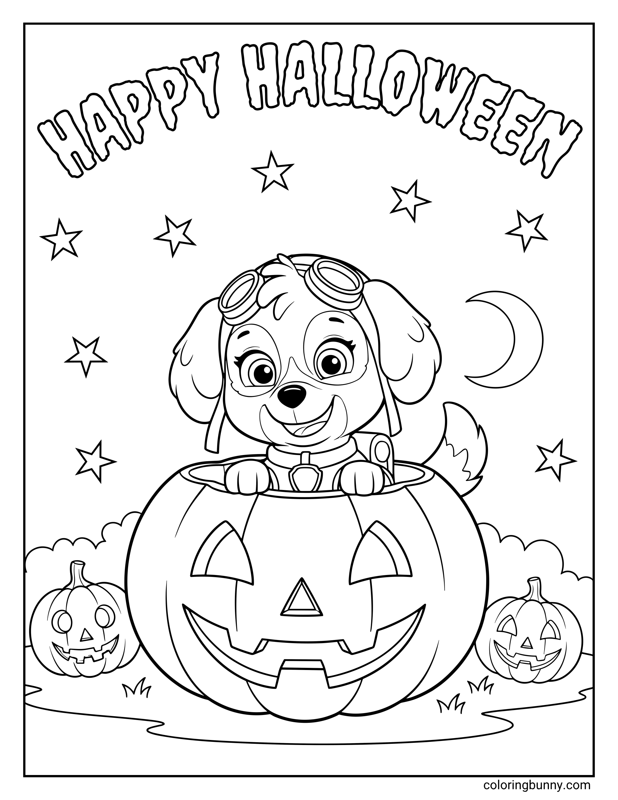 A Paw Patrol Halloween coloring page featuring Skye popping out of a big jack-o’-lantern surrounded by stars, a crescent moon, and glowing pumpkins, with the words “Happy Halloween” above her.