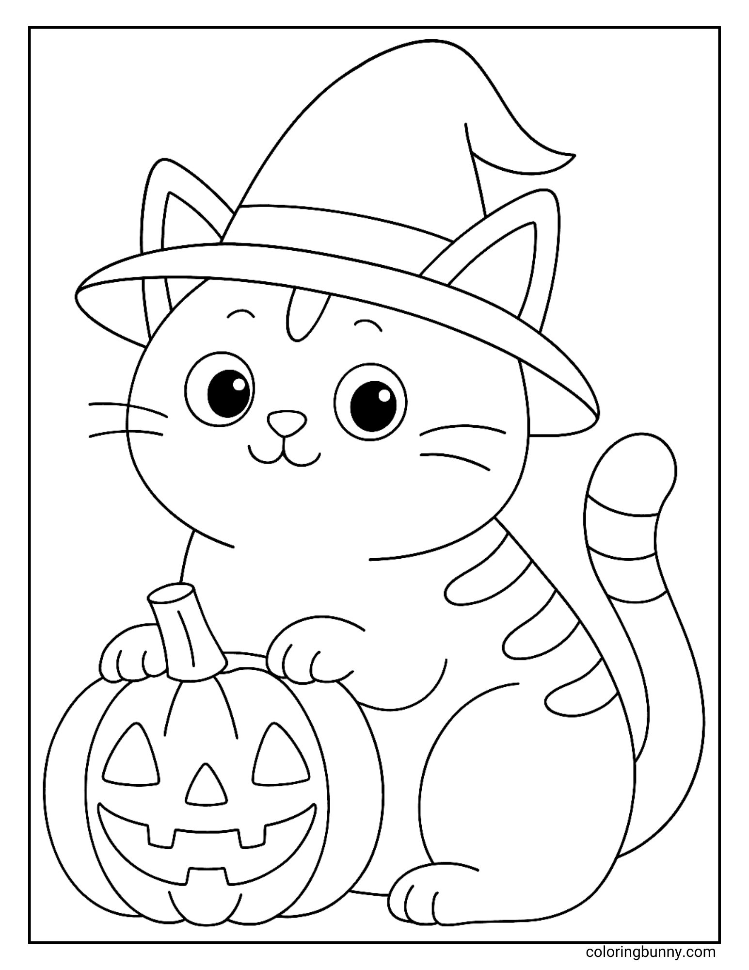 A Halloween coloring page shows a cute striped cat wearing a witch hat. The cat is sitting next to a smiling jack-o'-lantern, gently placing a paw on it.