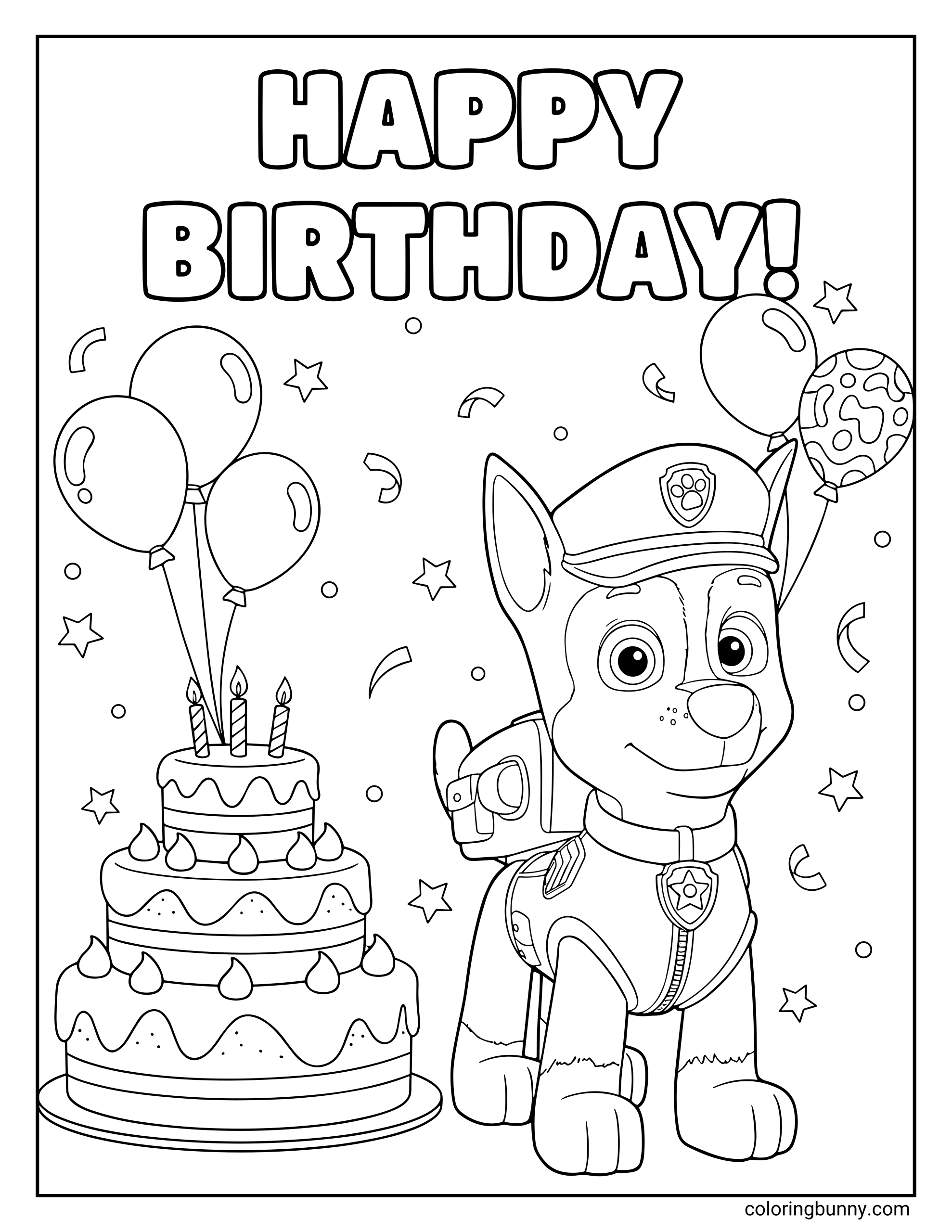 A fun Paw Patrol birthday coloring page featuring Chase standing proudly beside a big birthday cake, surrounded by balloons, confetti, and the words “Happy Birthday!” at the top.