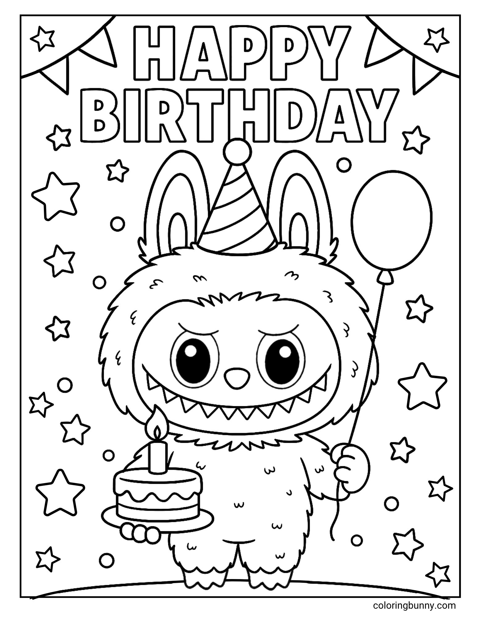 A black and white Labubu coloring page with the words "HAPPY BIRTHDAY" at the top, showing Labubu holding a cake and a balloon while wearing a party hat.