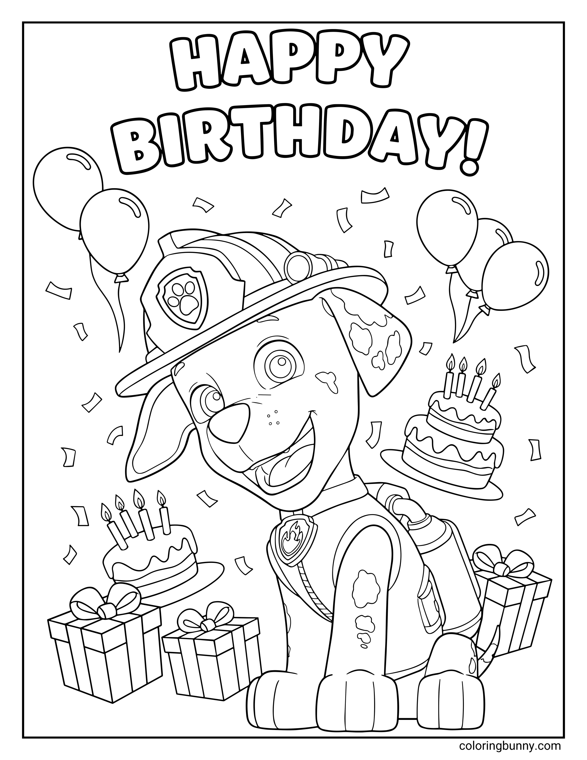 A Paw Patrol birthday coloring page featuring Marshall surrounded by birthday cakes, presents, balloons, and confetti, with the words “Happy Birthday!” above him.