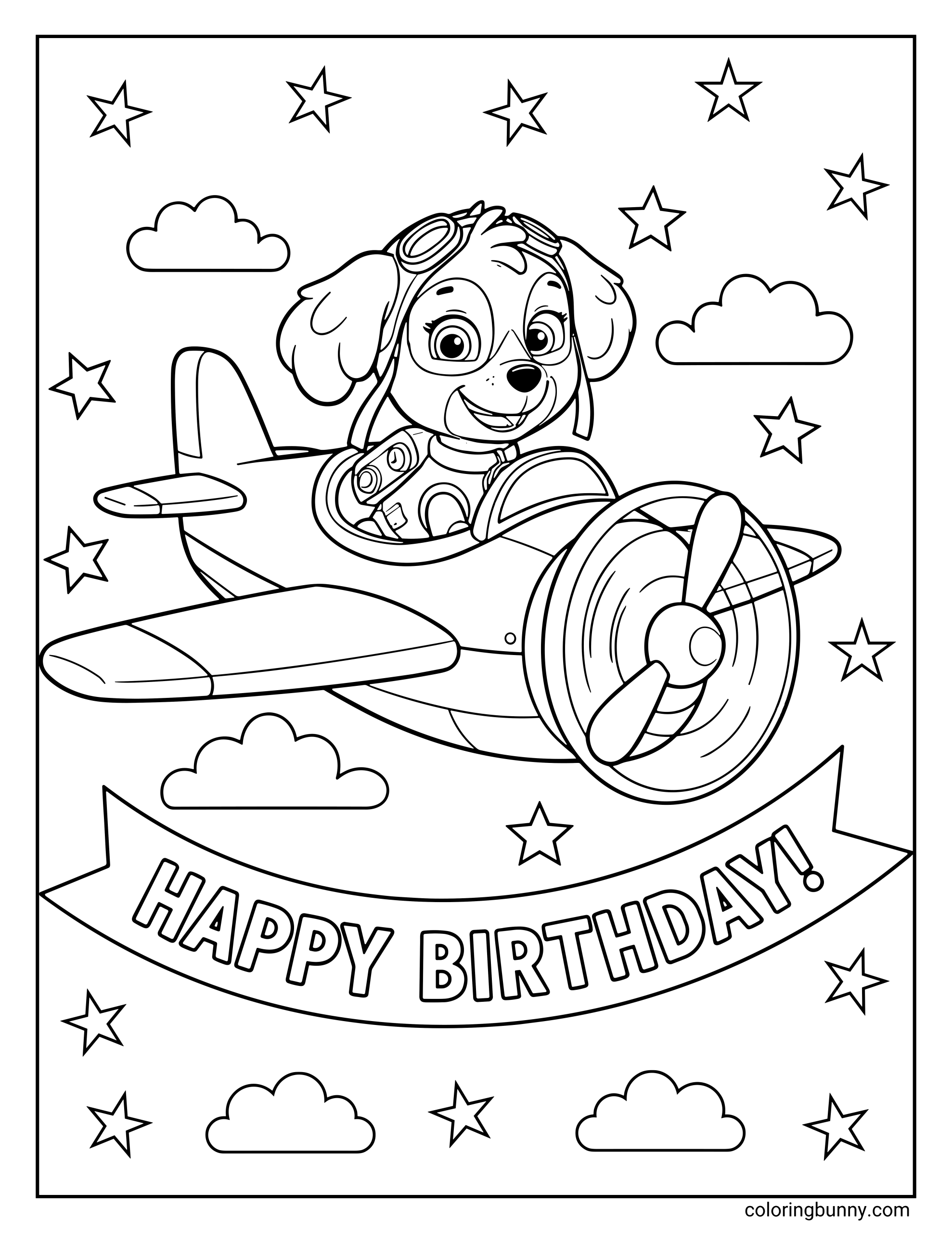 A Paw Patrol birthday coloring page featuring Skye flying an airplane surrounded by clouds and stars, with a banner below that says “Happy Birthday!”
