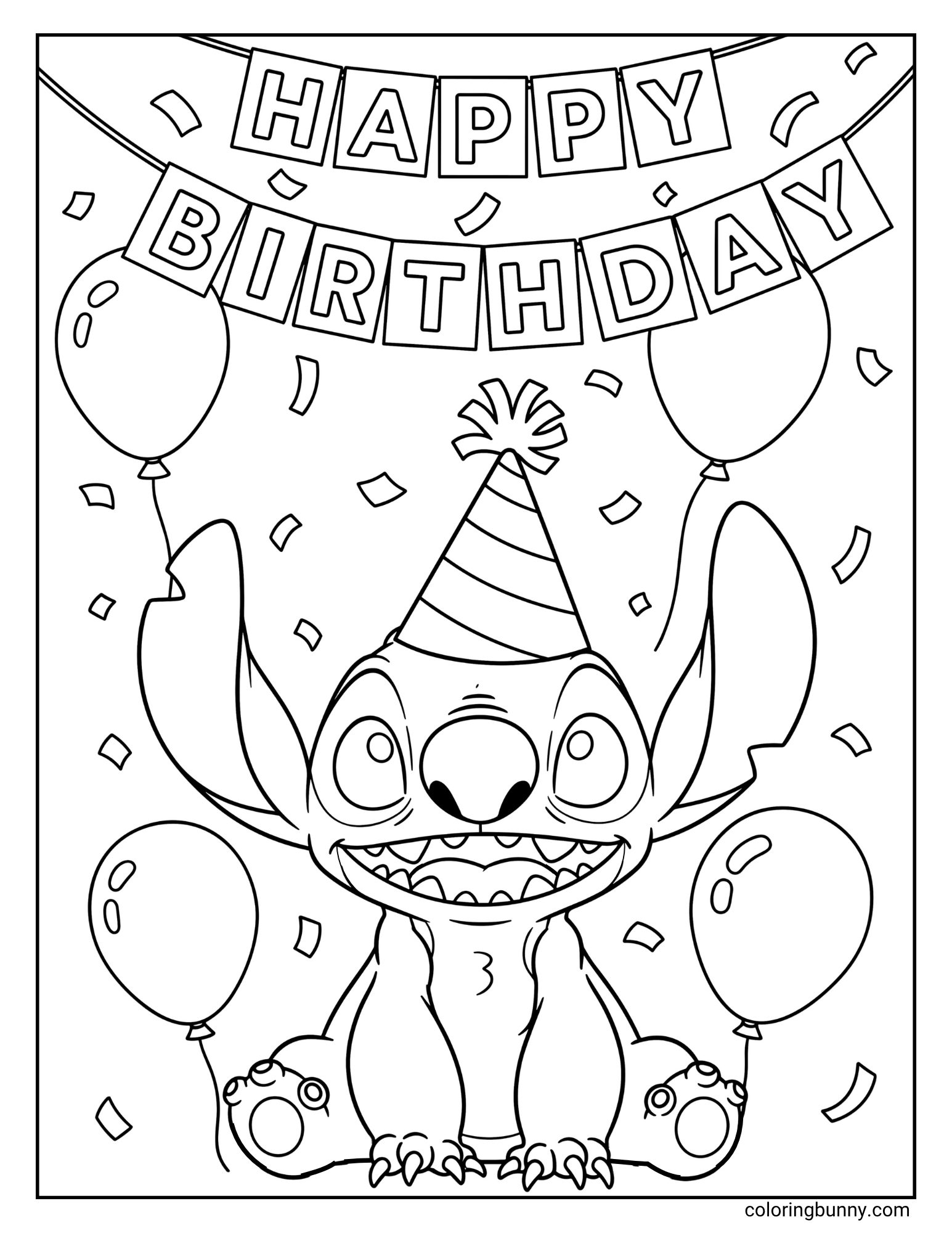 A happy birthday Stitch coloring page of the cute Disney character Stitch. He is wearing a party hat and sitting with a huge, excited smile under a "HAPPY BIRTHDAY" banner. The scene is filled with balloons and falling confetti.