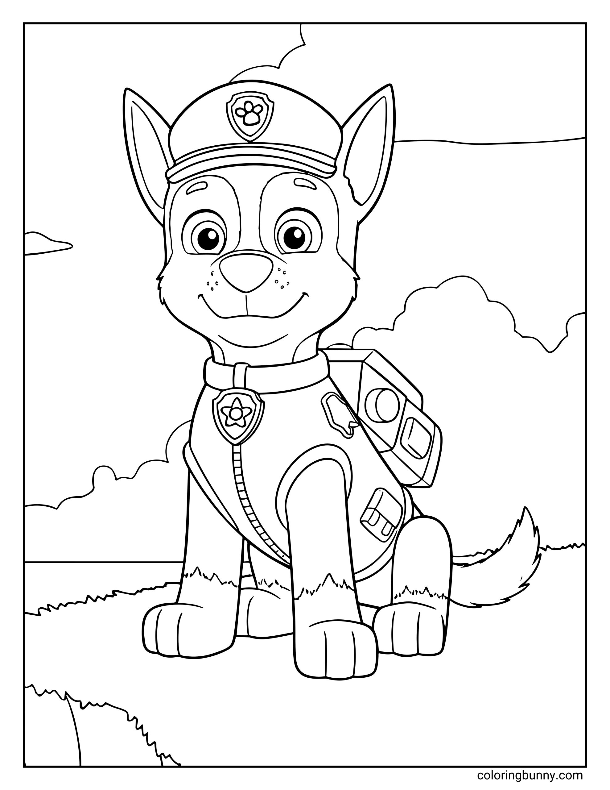 A Paw Patrol coloring page of Chase sitting proudly on a grassy cliff, wearing his police hat and uniform, with clouds and sky in the background.