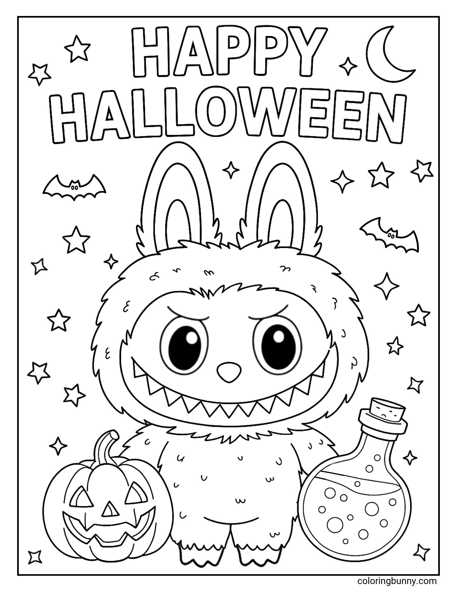 A fun Labubu Halloween coloring page featuring the grumpy monster character, Labubu. He is standing between a smiling jack-o'-lantern and a bubbling potion flask, ready to celebrate the spooky season under a starry night sky.