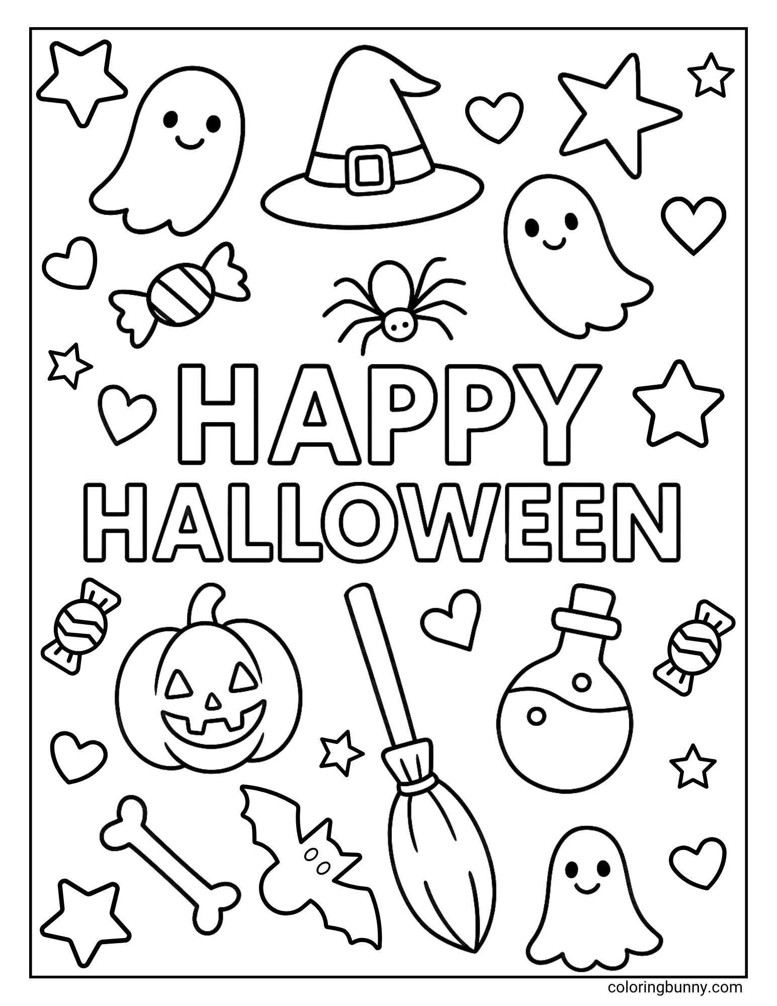 Happy Halloween coloring page with ghosts, a pumpkin, witch hat, broom, bat, spider, potion bottle, candy, stars, hearts, and a bone.