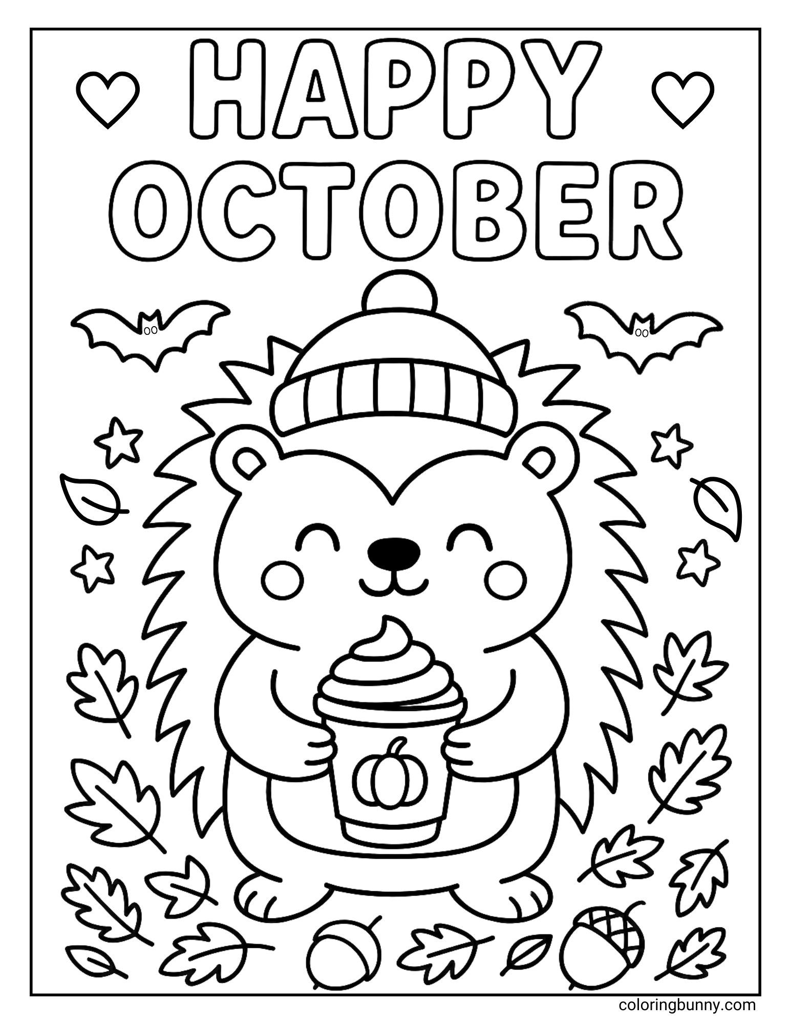 A cheerful 'Happy October' coloring sheet featuring a cute hedgehog. The happy hedgehog is wearing a woolly hat and holding a pumpkin spice latte, surrounded by autumn leaves, acorns, stars, and friendly bats.