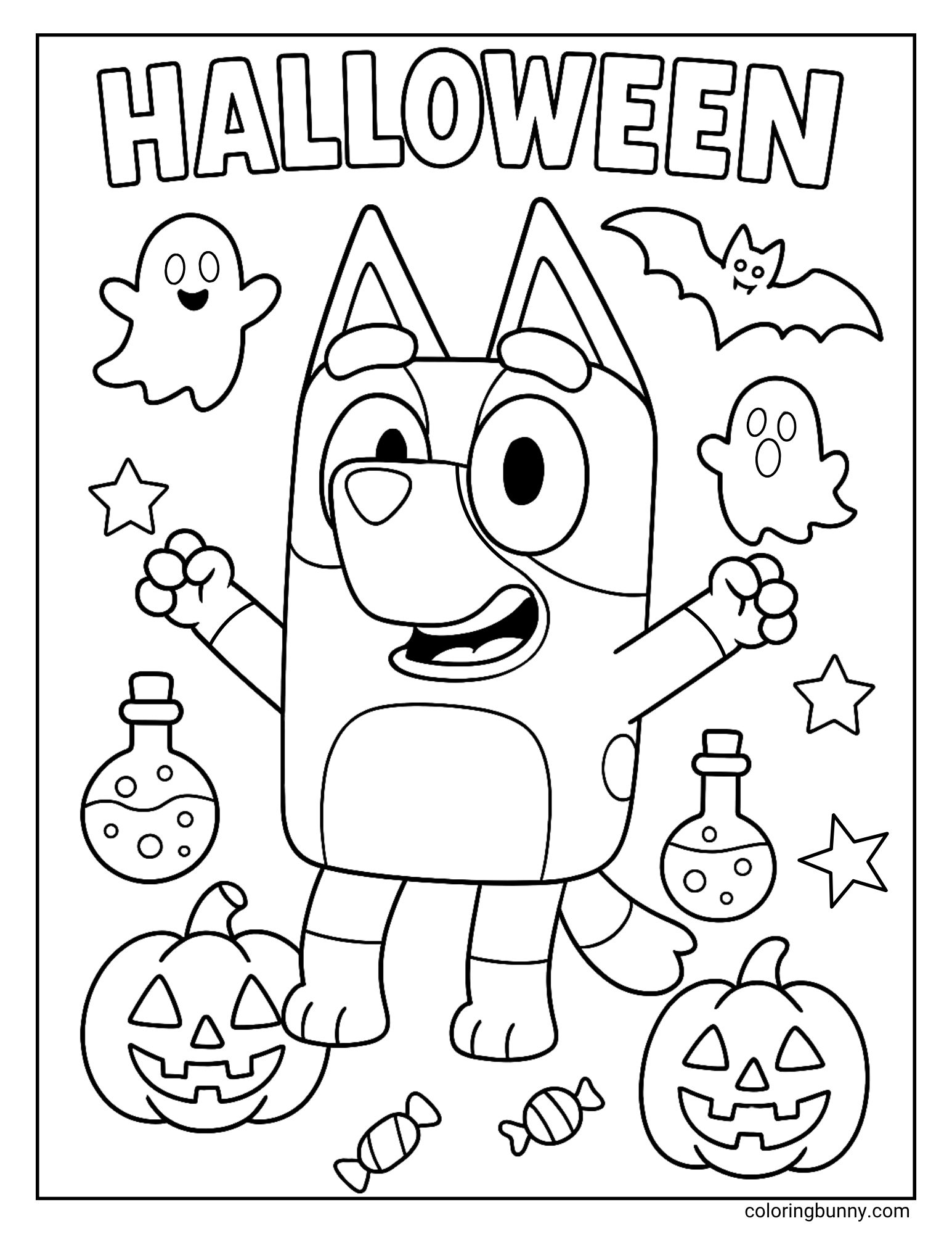 A fun coloring page of the cartoon character Bluey celebrating Halloween. Bluey is smiling and excited, surrounded by friendly ghosts, bats, jack-o'-lanterns, and potion bottles, with the word 'Halloween' at the top.