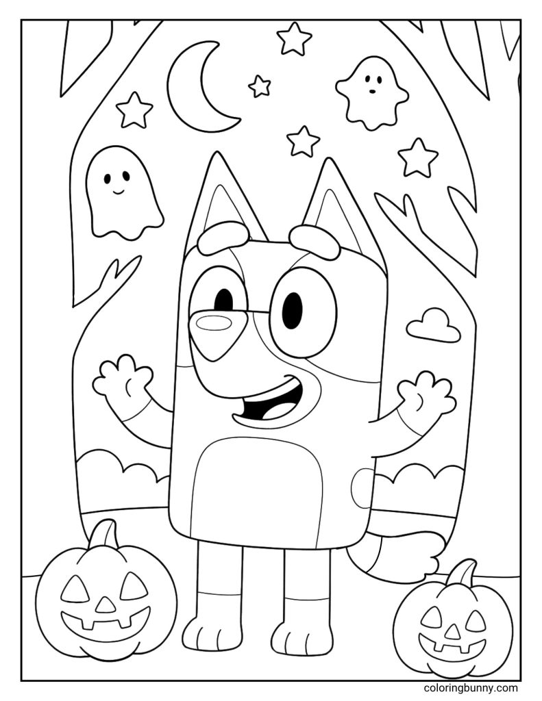 A coloring sheet featuring the cartoon character Bluey. She is smiling and waving with both paws while standing in a spooky forest at night, surrounded by two friendly ghosts and two jack-o'-lanterns.
