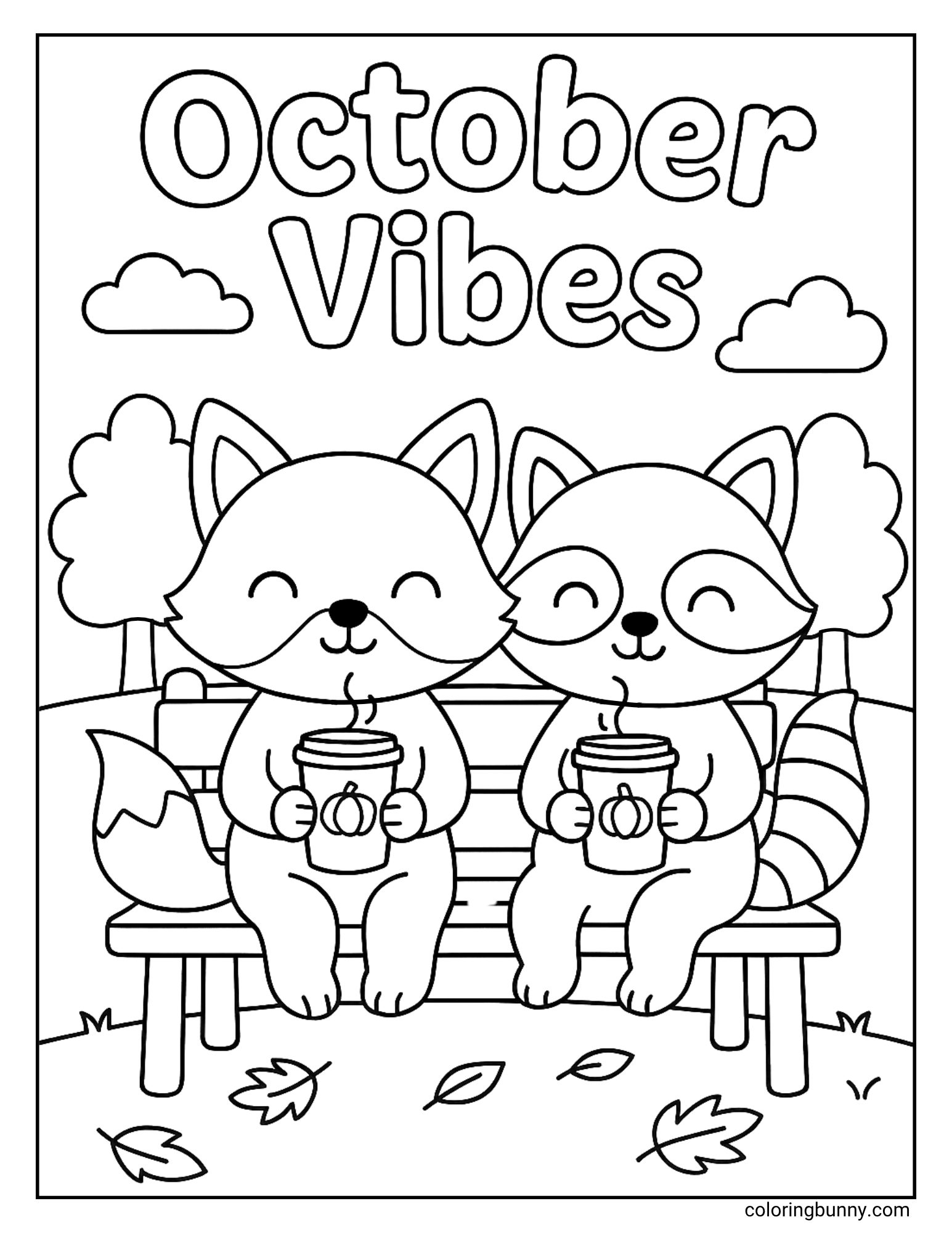 A peaceful coloring page of 'October Vibes', where a fox and a raccoon are sitting together on a park bench. Both characters have their eyes closed contentedly as they hold steaming to-go cups, with autumn leaves on the ground and trees in the background.