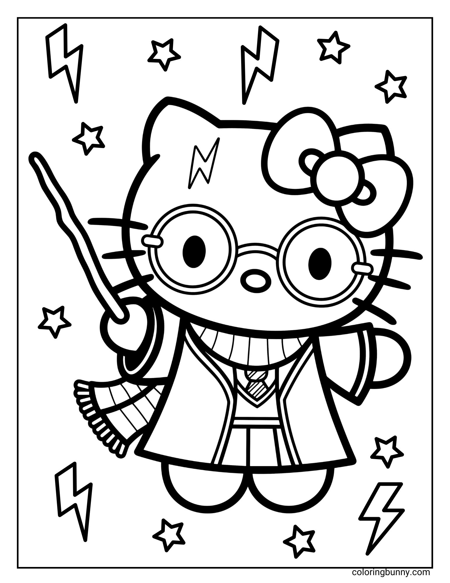 A Halloween coloring page featuring Hello Kitty dressed as Harry Potter. She is wearing round glasses, a robe, and a scarf, holding a wand, and has a lightning bolt scar. The background is filled with stars and lightning bolts.
